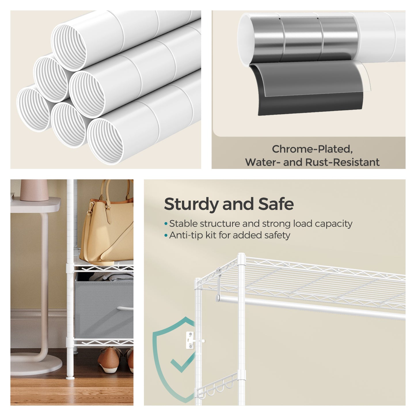 Heavy-Duty Garment Rack with Shelves & Drawers, Freestanding Clothes Organizer with Hanging Rail and Hooks, No-Tool Assembly, Cloud White and Dove Gray