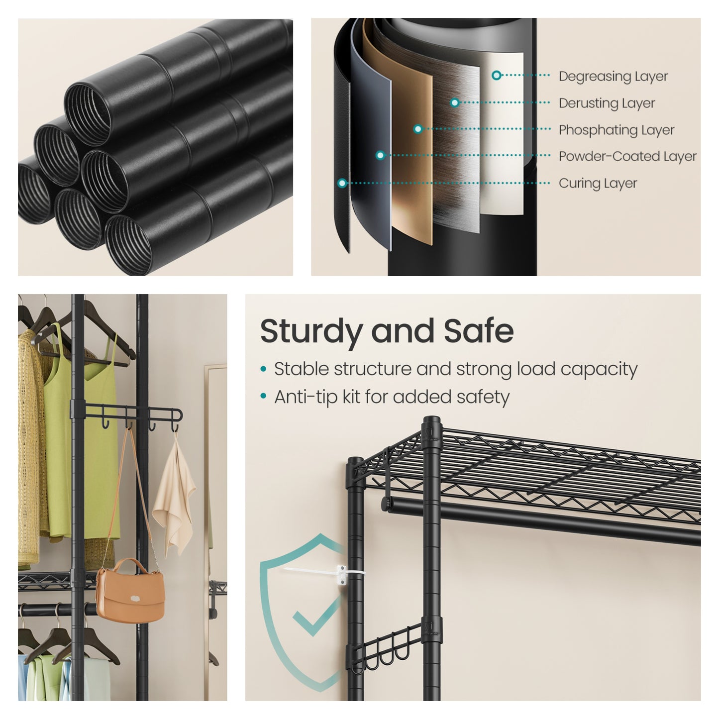 Heavy-Duty Rolling Garment Rack with Adjustable Shelves, 2 Hanging Rails & Wheels, Portable Closet Organizer, Tool-Free Assembly,Black