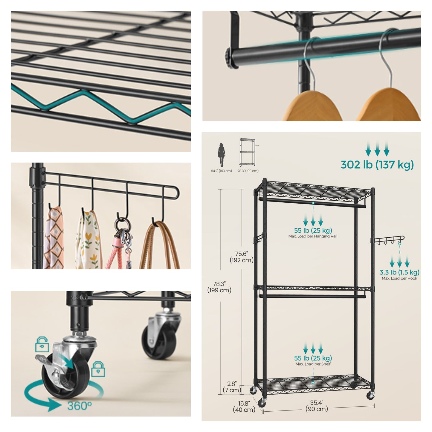 Heavy-Duty Rolling Garment Rack with 2 Rails & Shelves, Mobile Closet Organizer with Wheels, Tool-Free Assembly, 302lb Capacity, Black