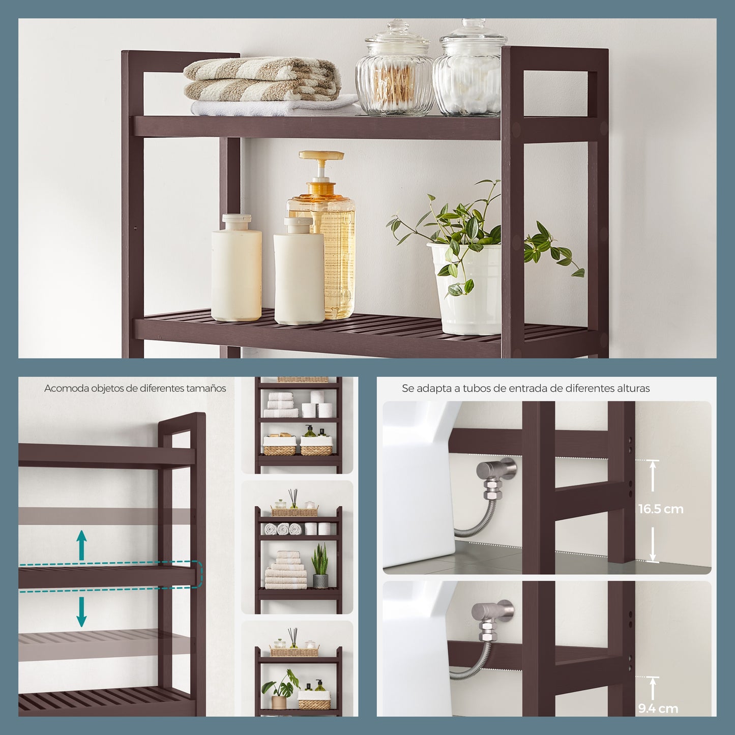 3-Tier Over-The-Toilet Storage Shelf with Adjustable Middle Tier, 4 Hooks & TP Holder,Space-Saving Bathroom Organizer for Towels, Toiletries , Brown