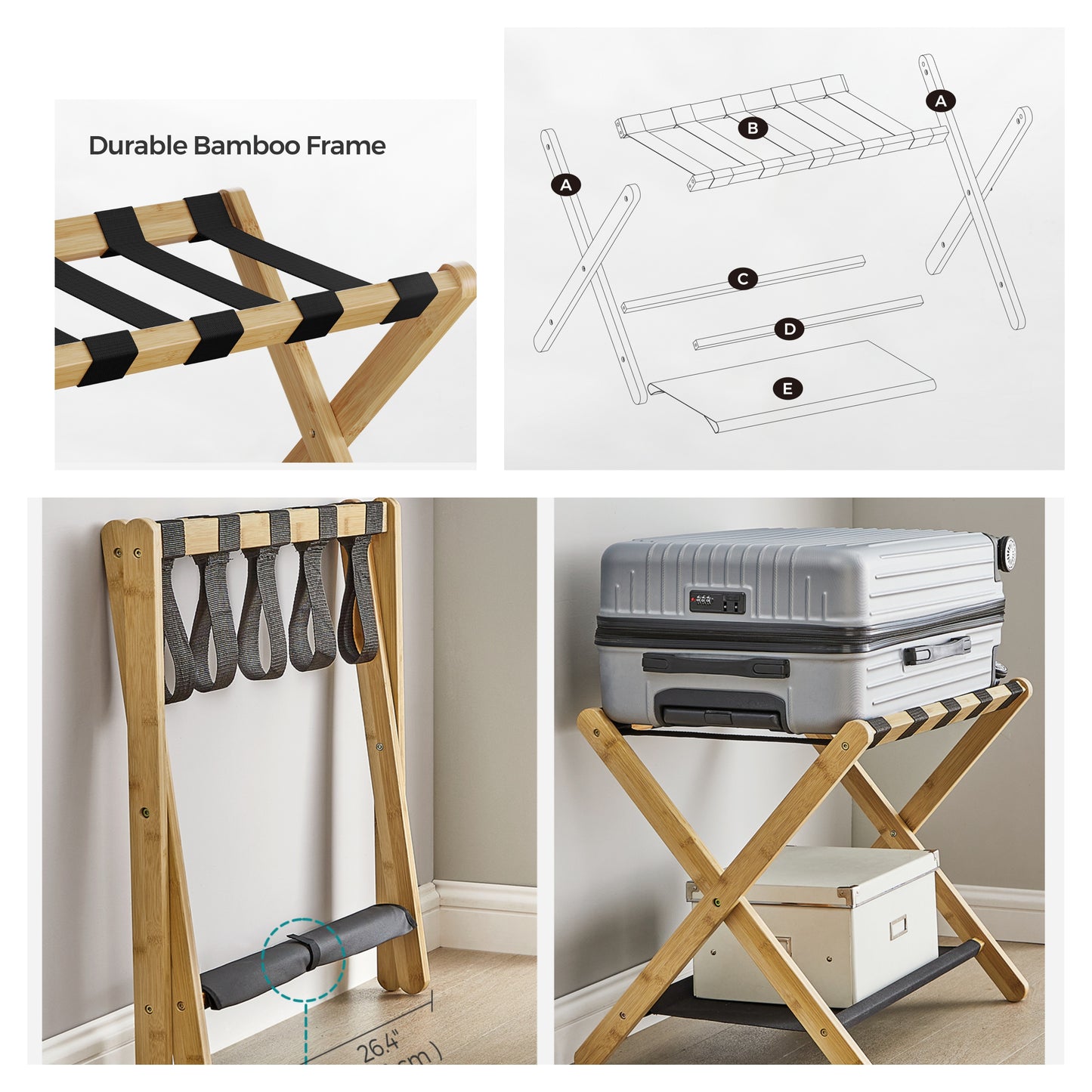 Folding Luggage Rack, Set of 2, Heavy-Duty Suitcase Stand with Storage Shelf & Hook-and-Loop Fastener, for Hotel，Bedroom, Holds 131 lb, Natural Beige