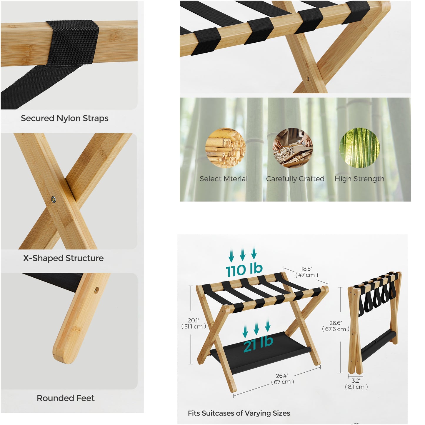 Folding Luggage Rack, Set of 2, Heavy-Duty Suitcase Stand with Storage Shelf & Hook-and-Loop Fastener, for Hotel，Bedroom, Holds 131 lb, Natural Beige