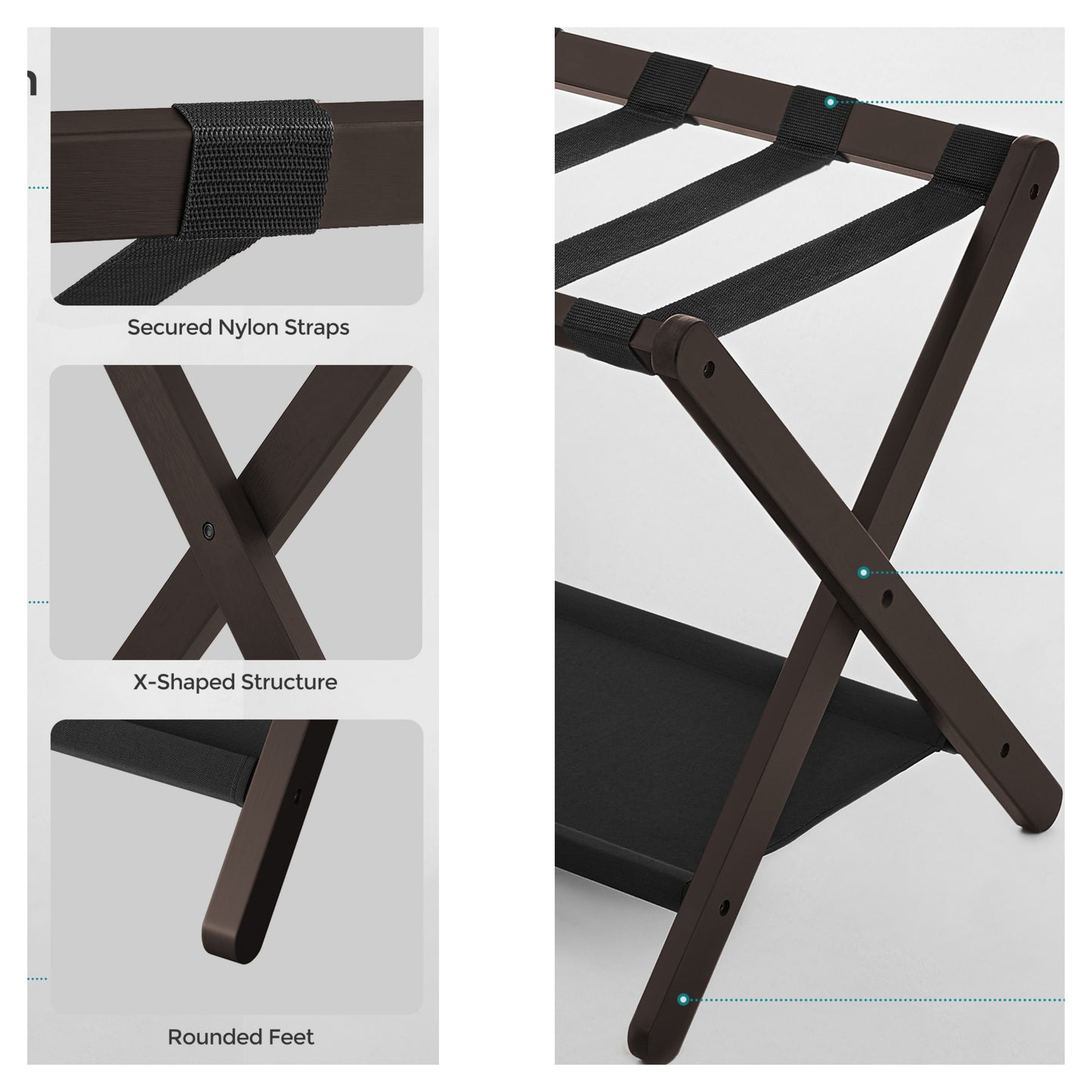 Folding Luggage Rack Set of 2, Heavy-Duty Suitcase Stand with Storage Shelf, for Hotel，Guest Room，Bedroom, Holds 131 lb, Space-Saving Design, Chestnut Brown