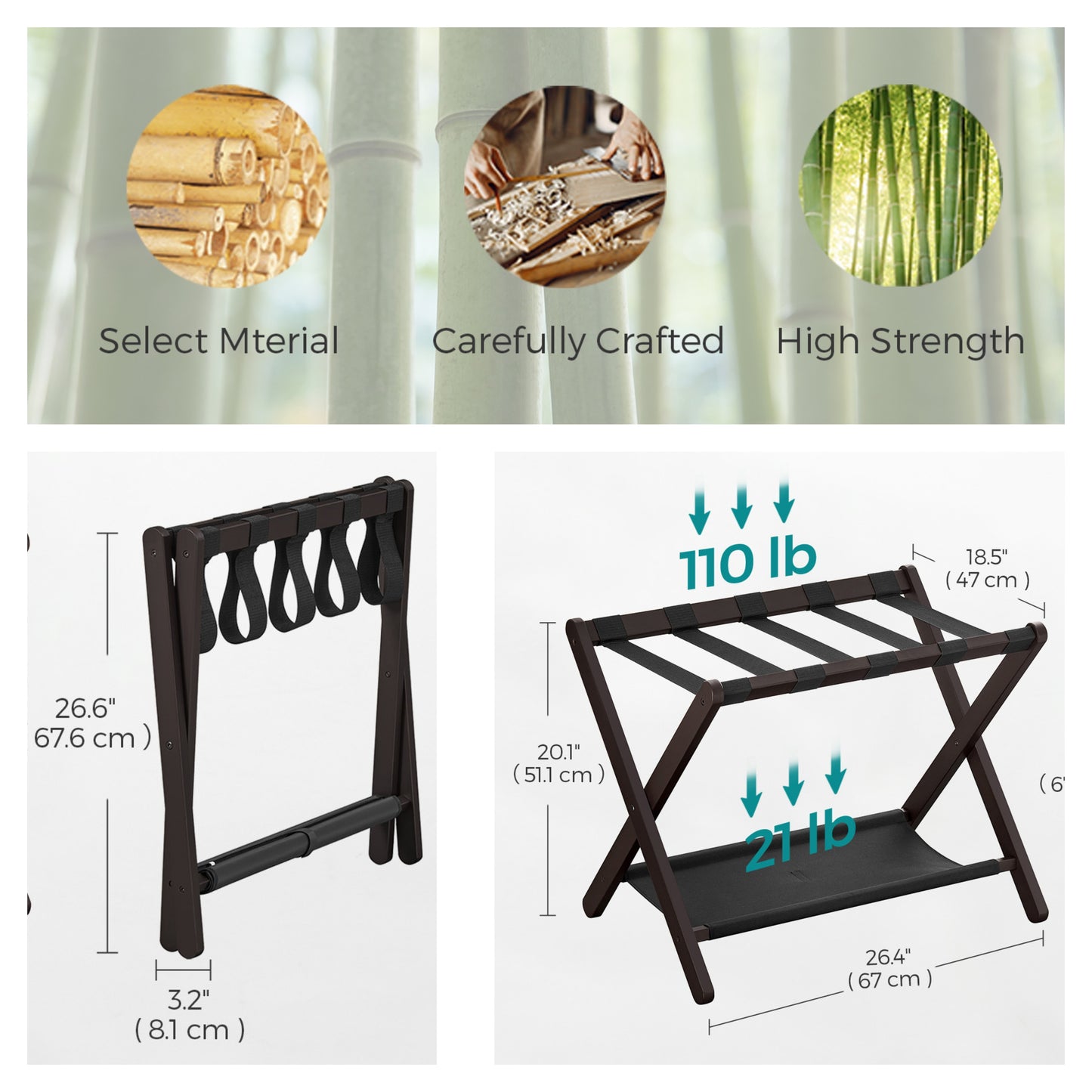 Folding Luggage Rack Set of 2, Heavy-Duty Suitcase Stand with Storage Shelf, for Hotel，Guest Room，Bedroom, Holds 131 lb, Space-Saving Design, Chestnut Brown