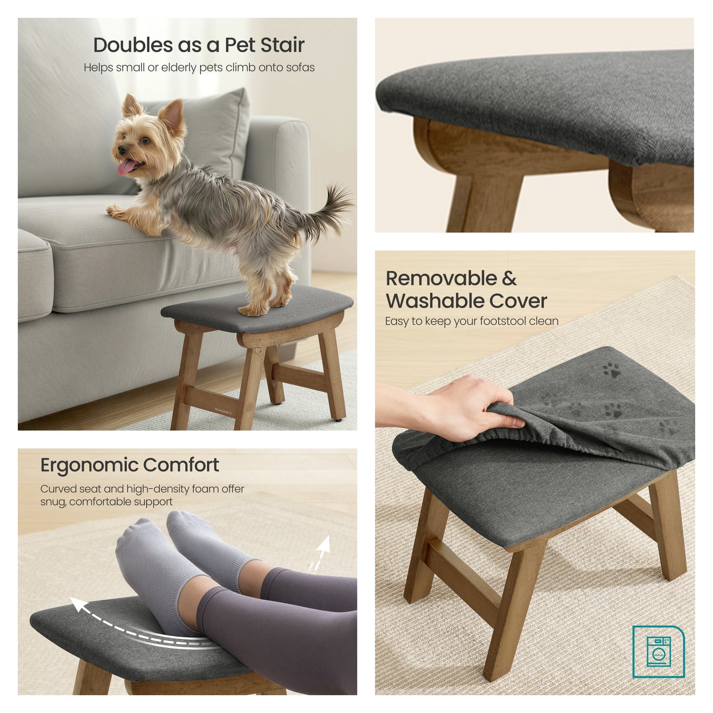 Padded Foot Stool Ottoman with Solid Wood Frame, Curved Cushion Footrest for Under Desk, Living Room, 15.4 x 11.8 x 9.10 Inches, Slate Gray and Brown