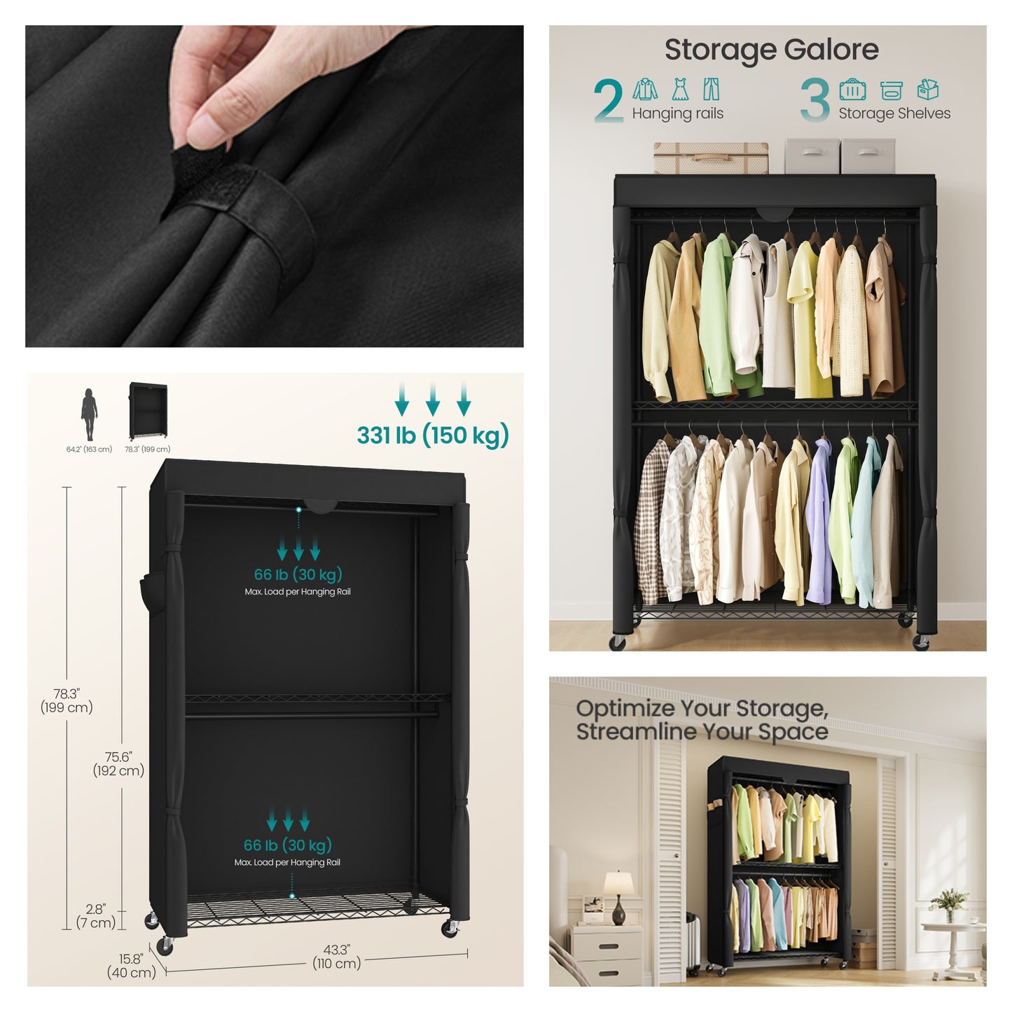 Heavy-Duty Rolling Clothes Rack, Portable Garment Rack on Wheels with Adjustable Mesh Shelves & Hanging Rails, Fabric Cover Included, Ink Black