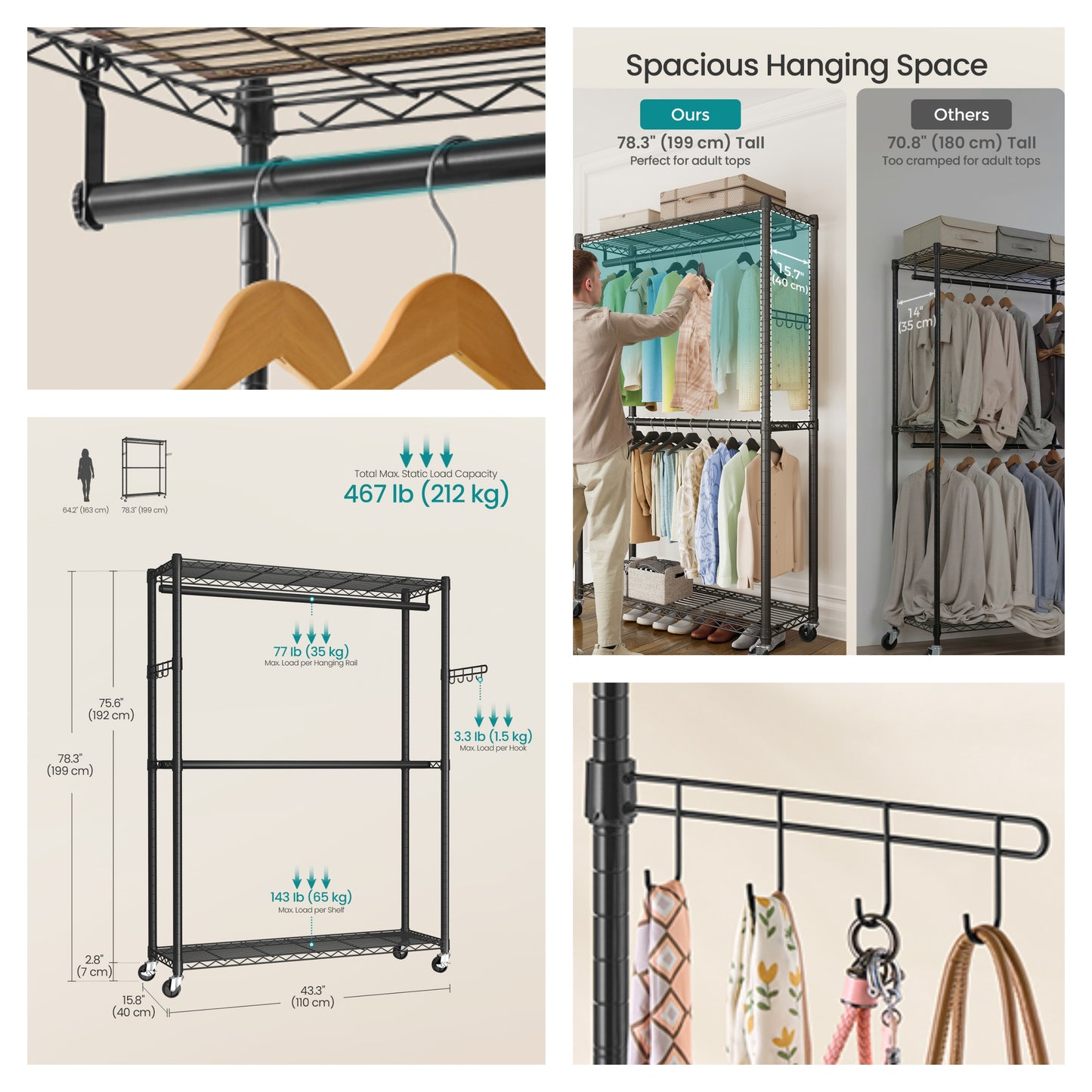 Heavy-Duty Rolling Clothes Rack, Wide Garment Rack on Wheels with Adjustable Mesh Shelves & Hanging Rails, Tool-Free Portable Closet, Ink Black