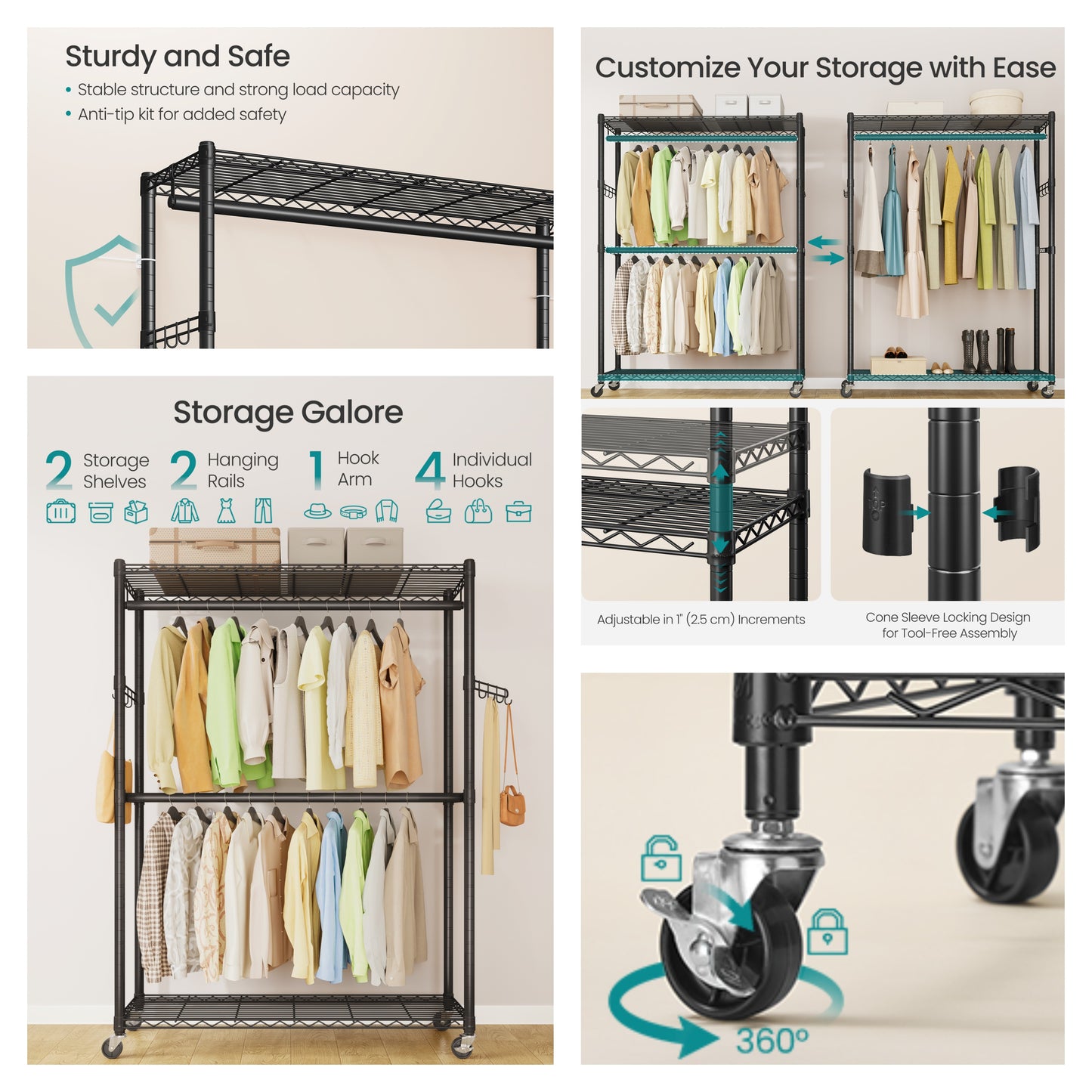 Heavy-Duty Rolling Clothes Rack, Wide Garment Rack on Wheels with Adjustable Mesh Shelves & Hanging Rails, Tool-Free Portable Closet, Ink Black