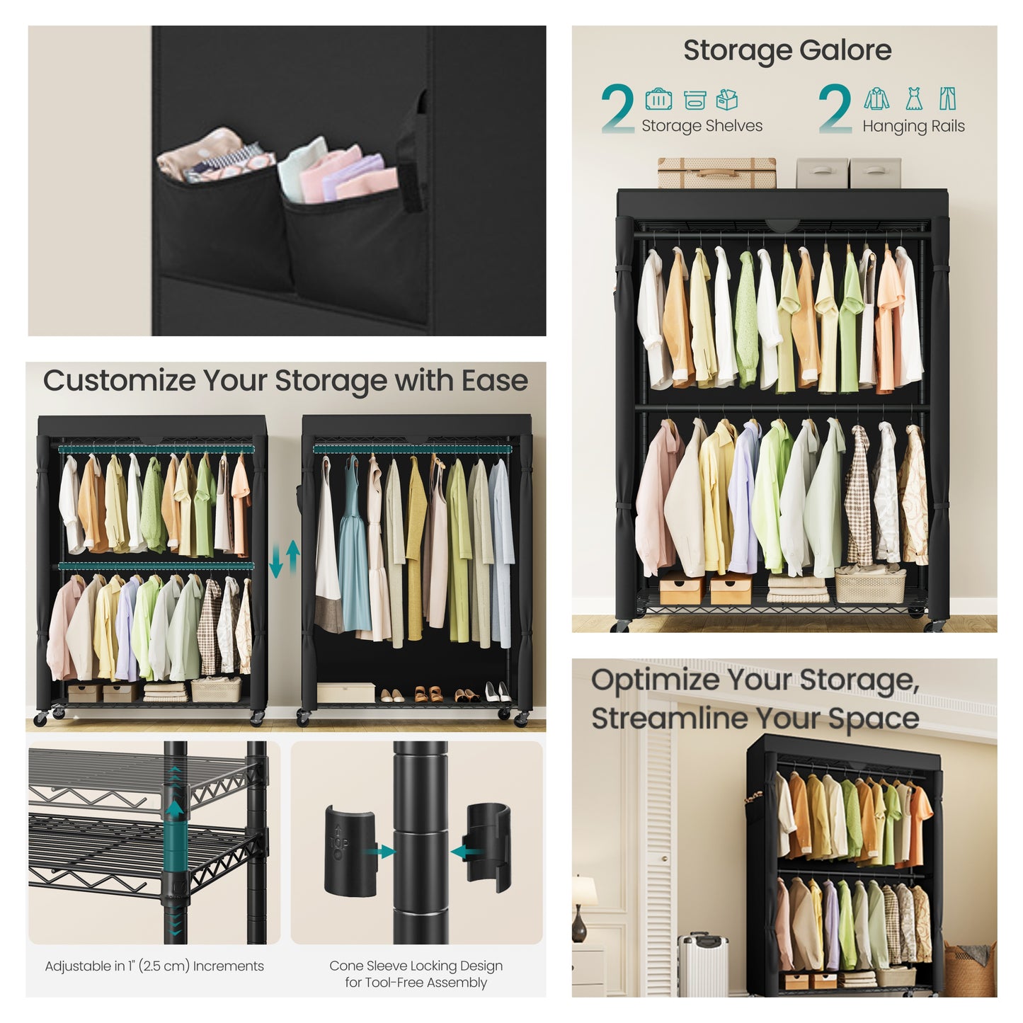 Heavy-Duty Rolling Clothes Rack, Portable Garment Rack on Wheels with Fabric Cover & Adjustable Shelves, Tool-Free Assembly, Ink Black