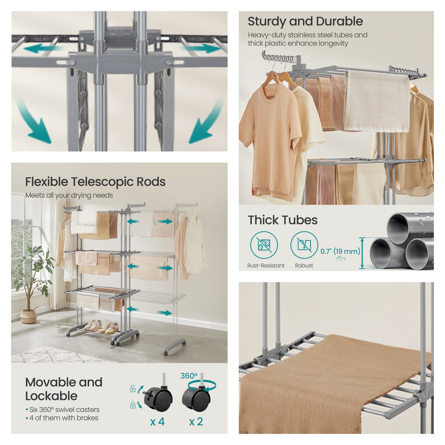 Clothes Drying Rack 4-Tier, Foldable Laundry Drying Rack with Extendable Rods & Rolling Wheels, Stainless Steel Indoor Outdoor Airer, Dove Gray