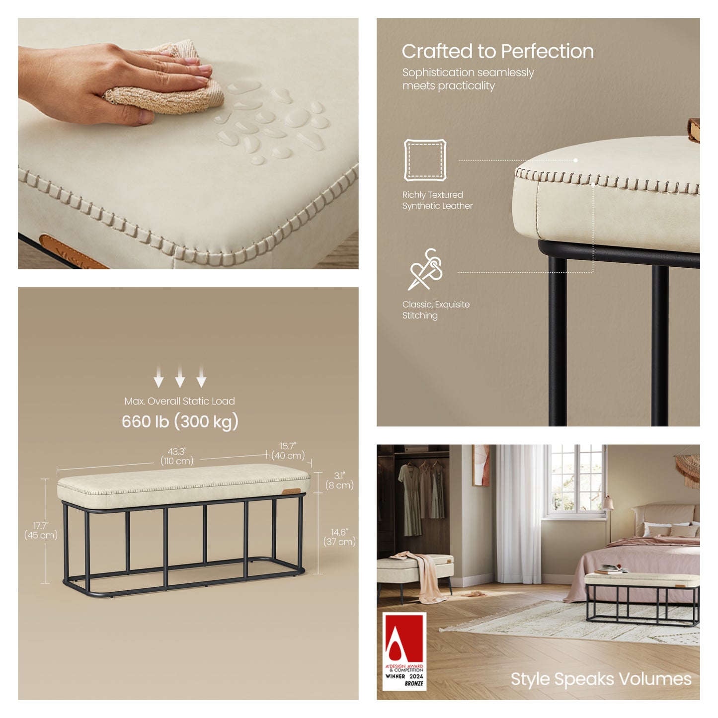 Storage Bench for Entryway, Ottoman Bench with Steel Frame & Synthetic Leather, Mid-Century Modern 43.3-Inch Wide Seat, Cream White