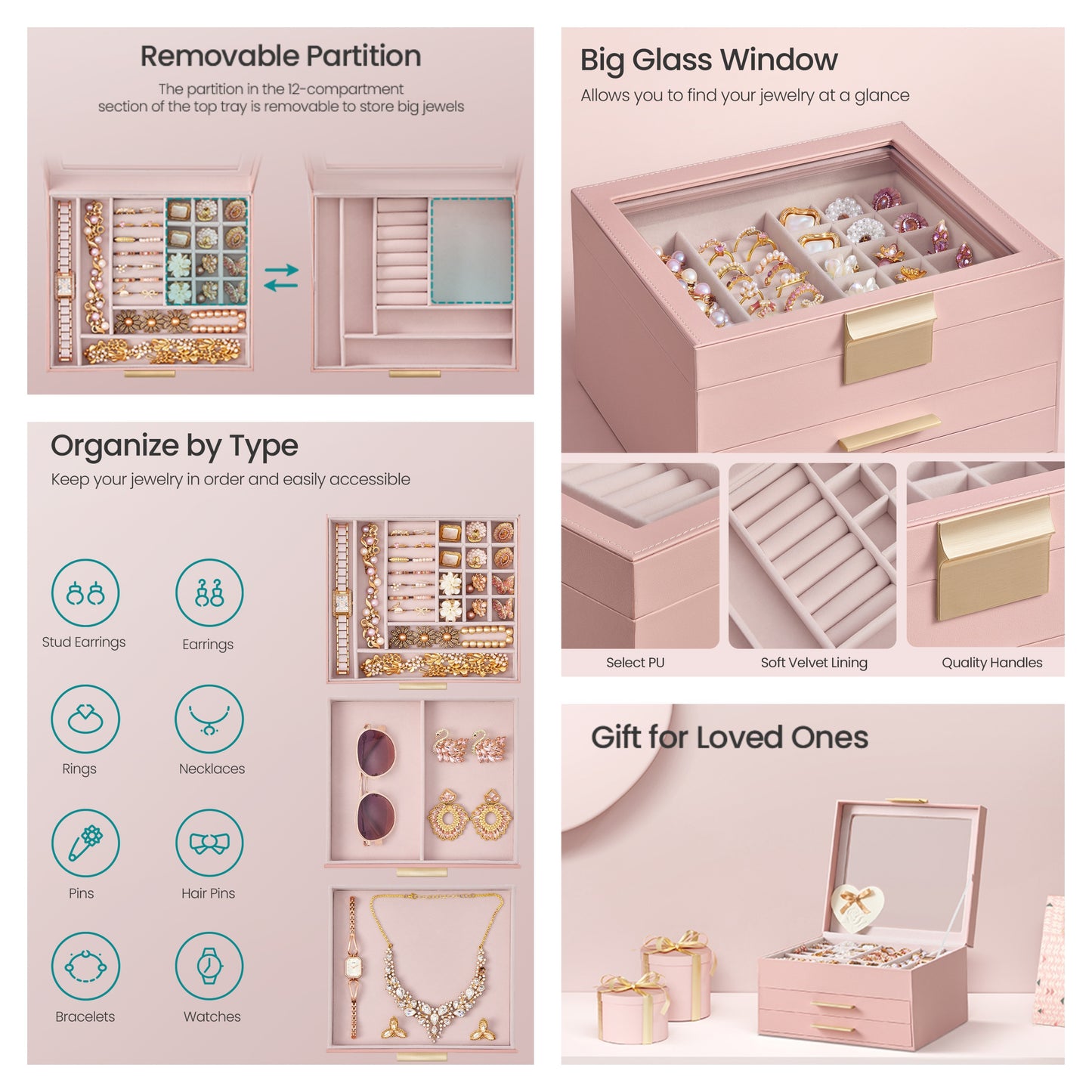 Jewelry Box Organizer, 3-Layer Jewelry Storage with 2 Drawers & Glass Lid, Modern Vanity Display Case for Rings Necklaces, Jelly Pink and Gold