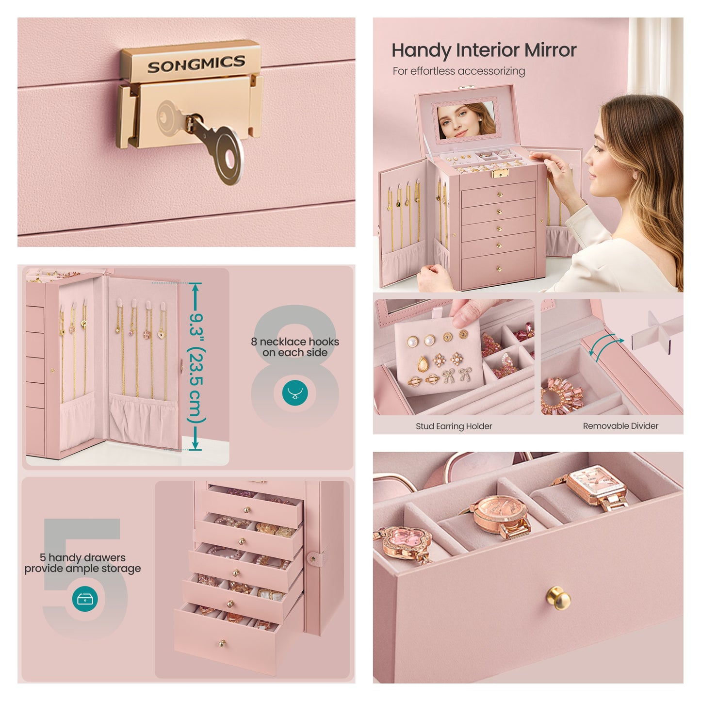 Jewelry Box Organizer, 6-Layer Jewelry Storage Case with 5 Drawers, Lock & Mirror, Large Capacity for Necklaces Watches, Jelly Pink
