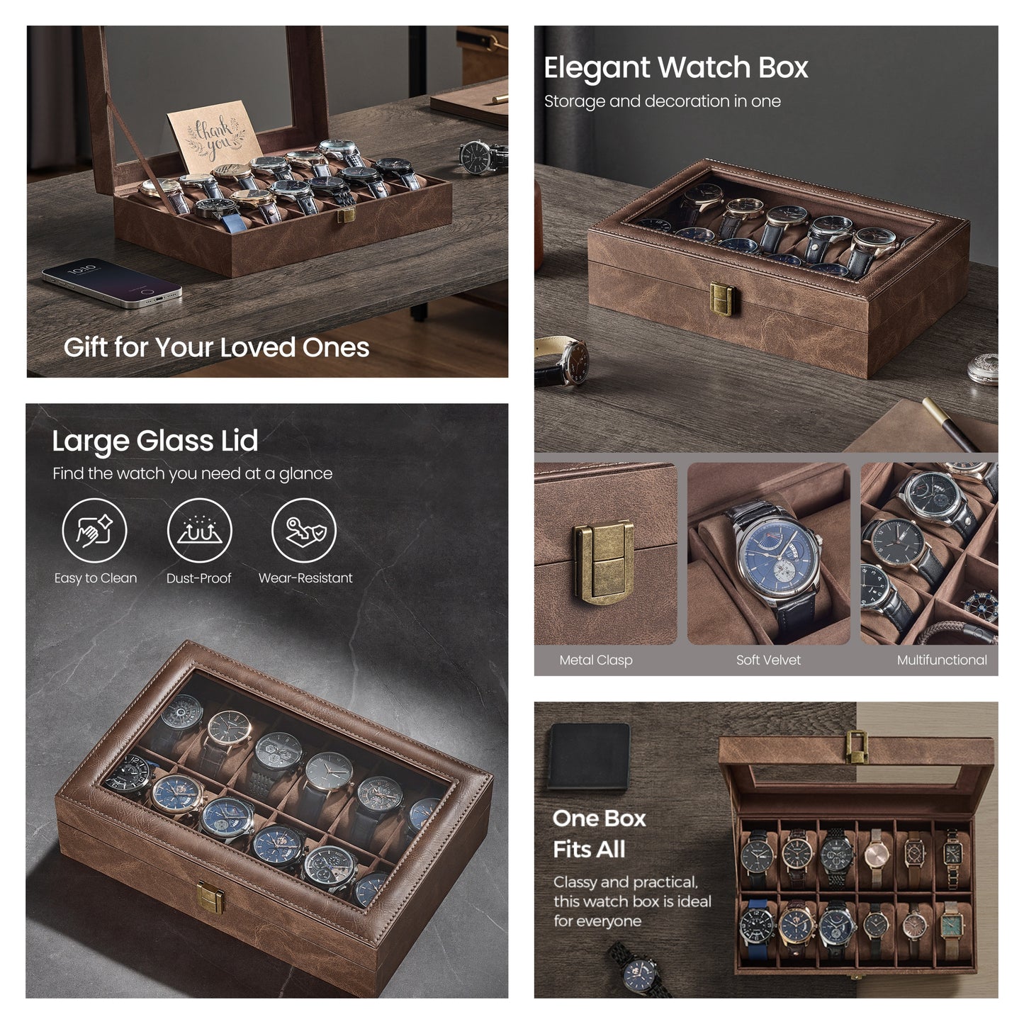 Watch Box, 12-Slot Watch Case Organizer with Large Glass Lid & Removable Pillows, Synthetic Leather Display Storage for Watches, Coffee Brown