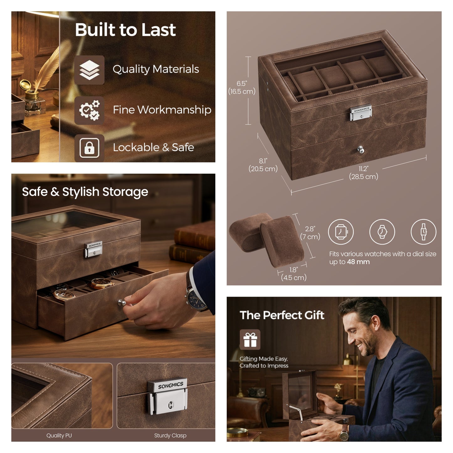 Watch Box, 20-Slot Watch Case Organizer with Large Glass Lid & Removable Pillows, Metal Lock for Security, Synthetic Leather, Coffee Brown
