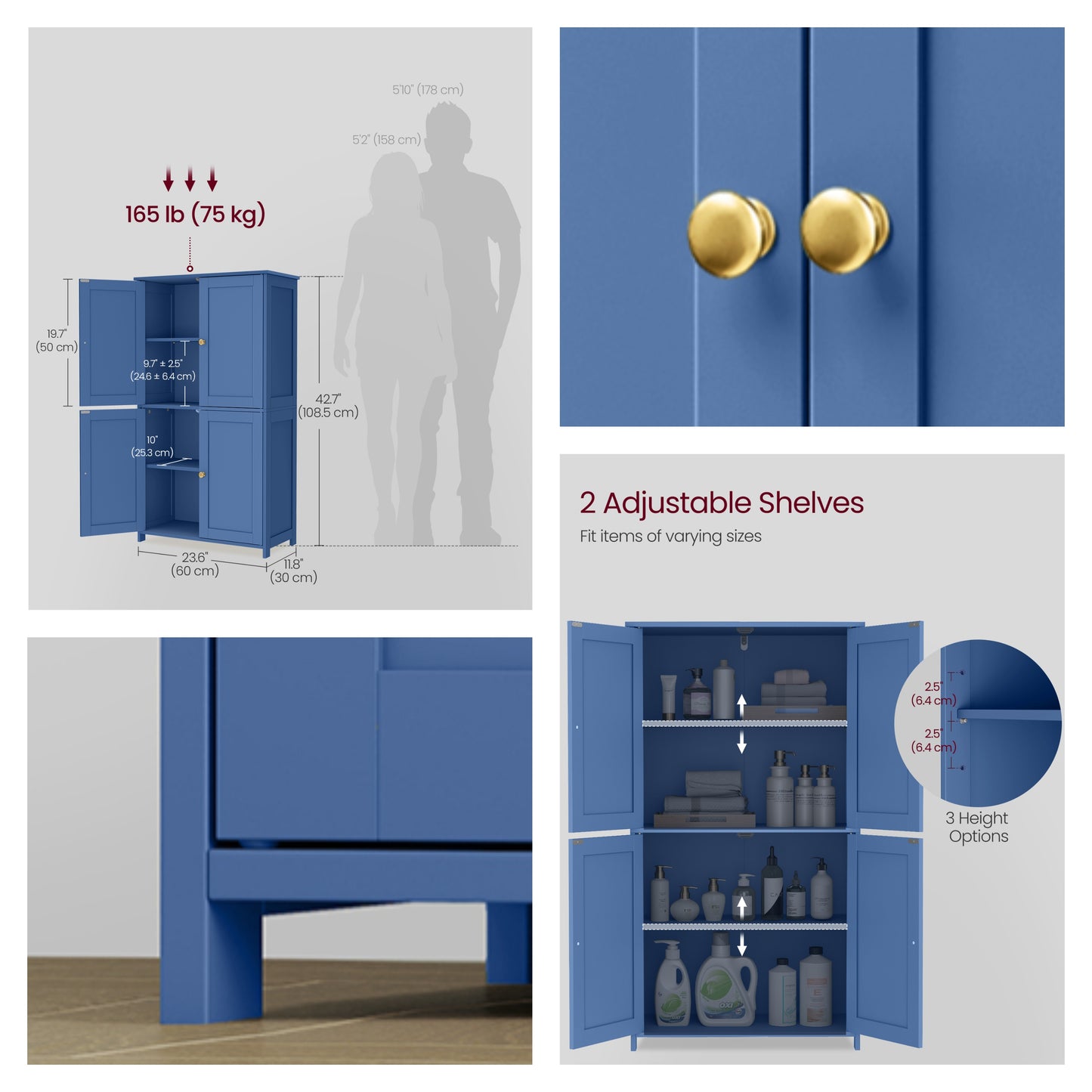 Bathroom Storage Floor Cabinet Organizer with Adjustable Shelf 4 Magnetic Doors 43" Wooden Pantry Cabinet Freestanding for Living Kitchen Room Small Spaces,Blue
