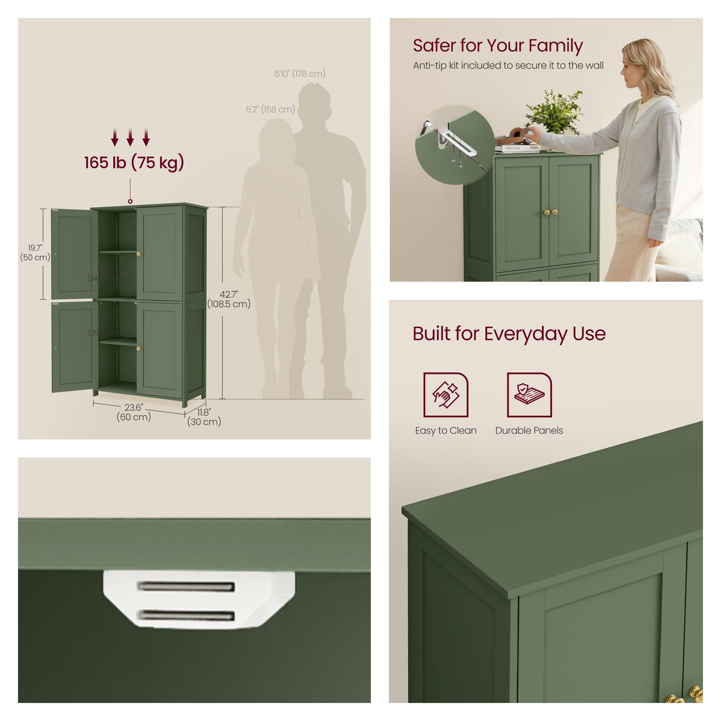 Bathroom Storage Floor Cabinet Organizer with Adjustable Shelf 4 Magnetic Doors 43" Wooden Pantry Cabinet Freestanding for Living Kitchen Room Small Spaces,Green