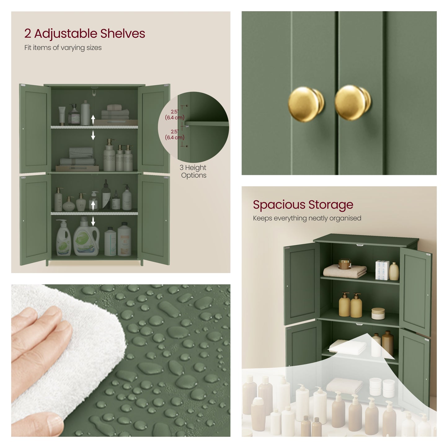 Bathroom Storage Floor Cabinet Organizer with Adjustable Shelf 4 Magnetic Doors 43" Wooden Pantry Cabinet Freestanding for Living Kitchen Room Small Spaces,Green