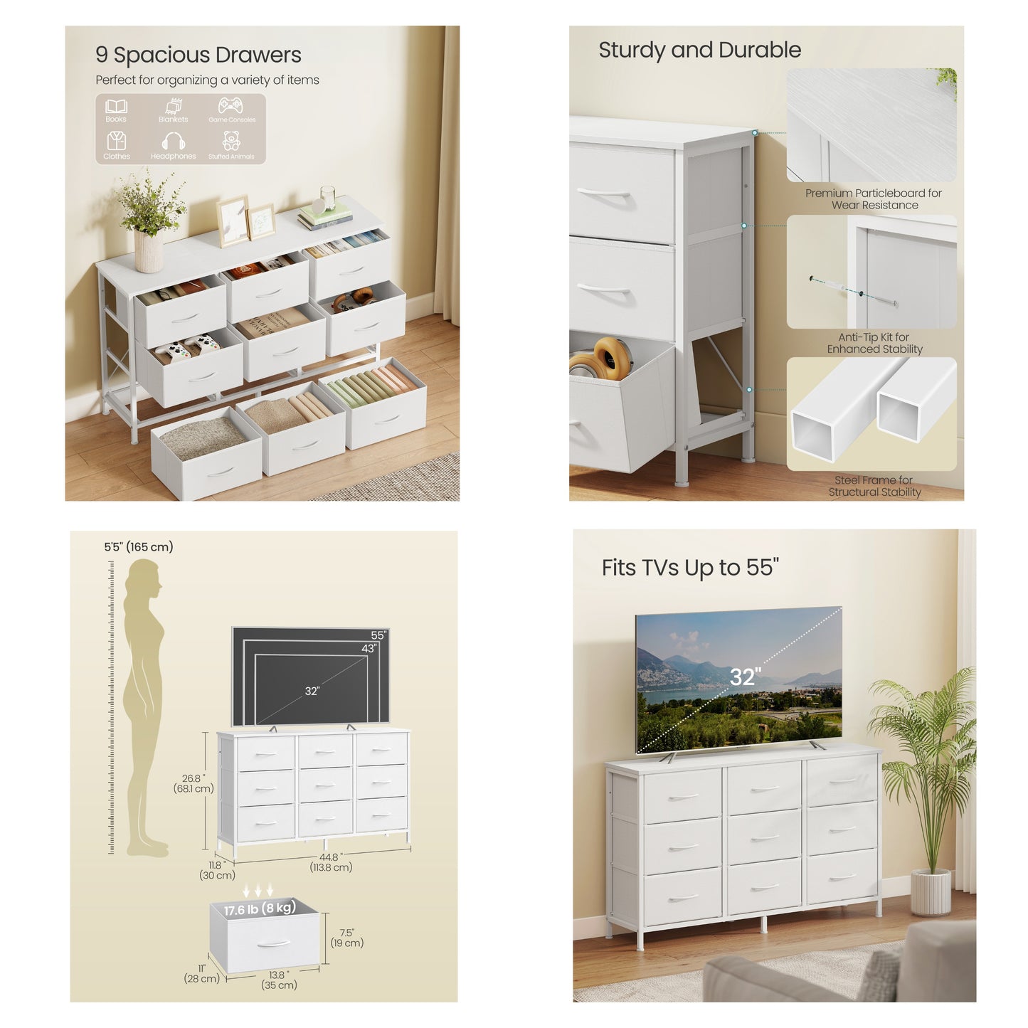 9-Drawer Dresser, TV Stand, Modern basic Chest of Drawers, 44.8 x 11.8 x 26.8 Inches, White