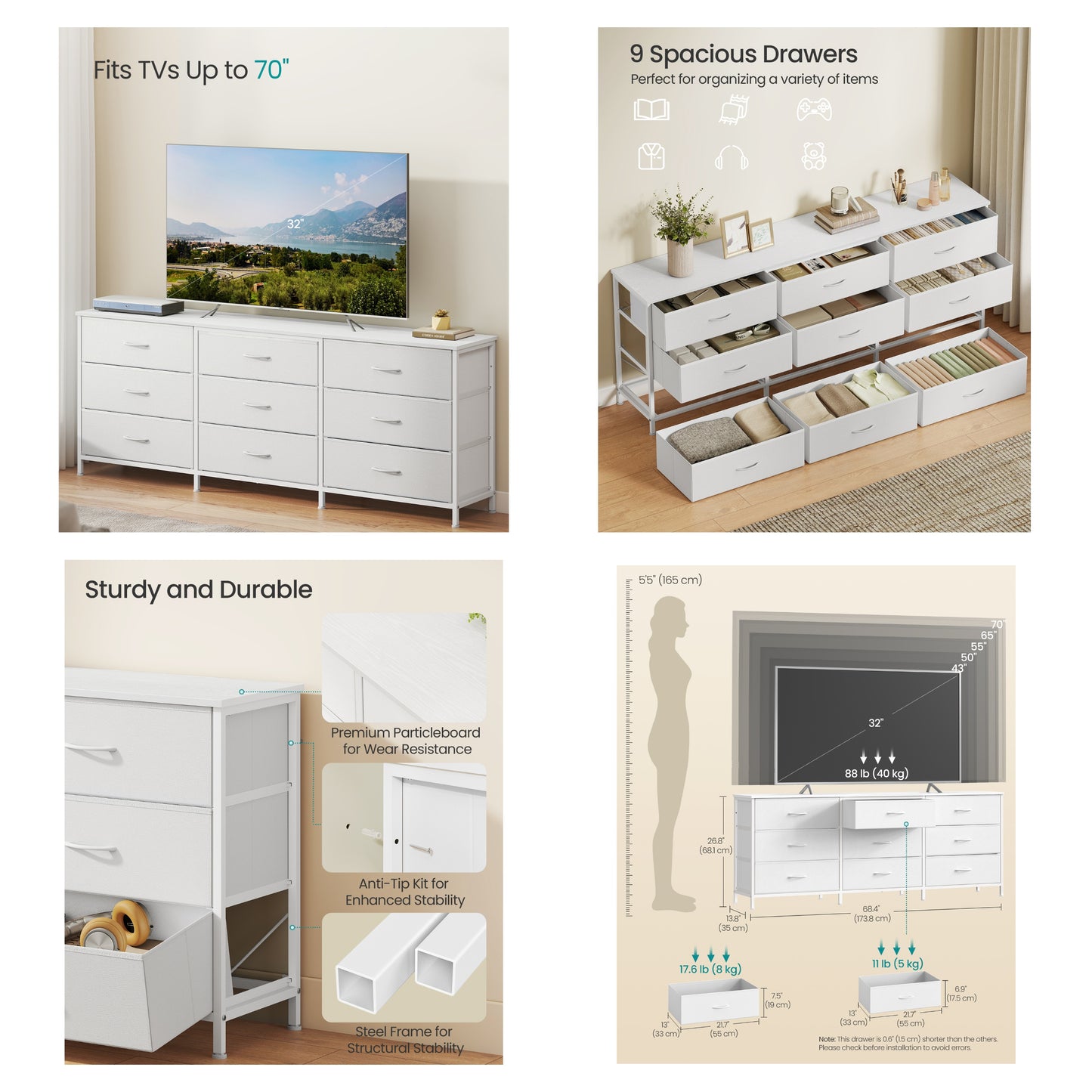 9-Drawer Dresser, TV Stand, Modern basic Chest of Drawers, 68.4 x 13.8 x 26.8 Inches, White
