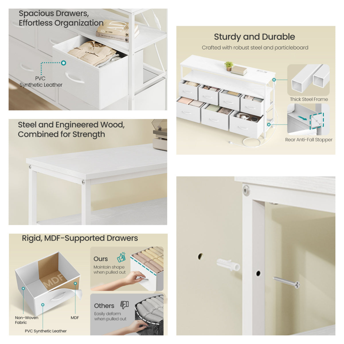 Dresser with Charging Station and LED Lights, 7 Drawers Storage Cabinet, 44.8 x 11.8 x 26.8 inches, White
