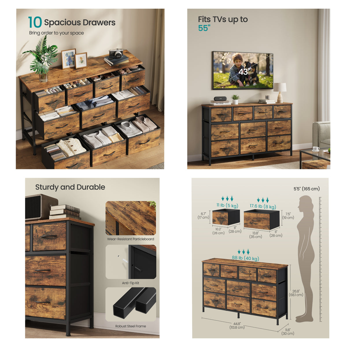 10-Drawer Dresser, TV Stand for 55" Screens, Storage Chest with Steel Frame, for Bedroom Living Room, Rustic Brown
