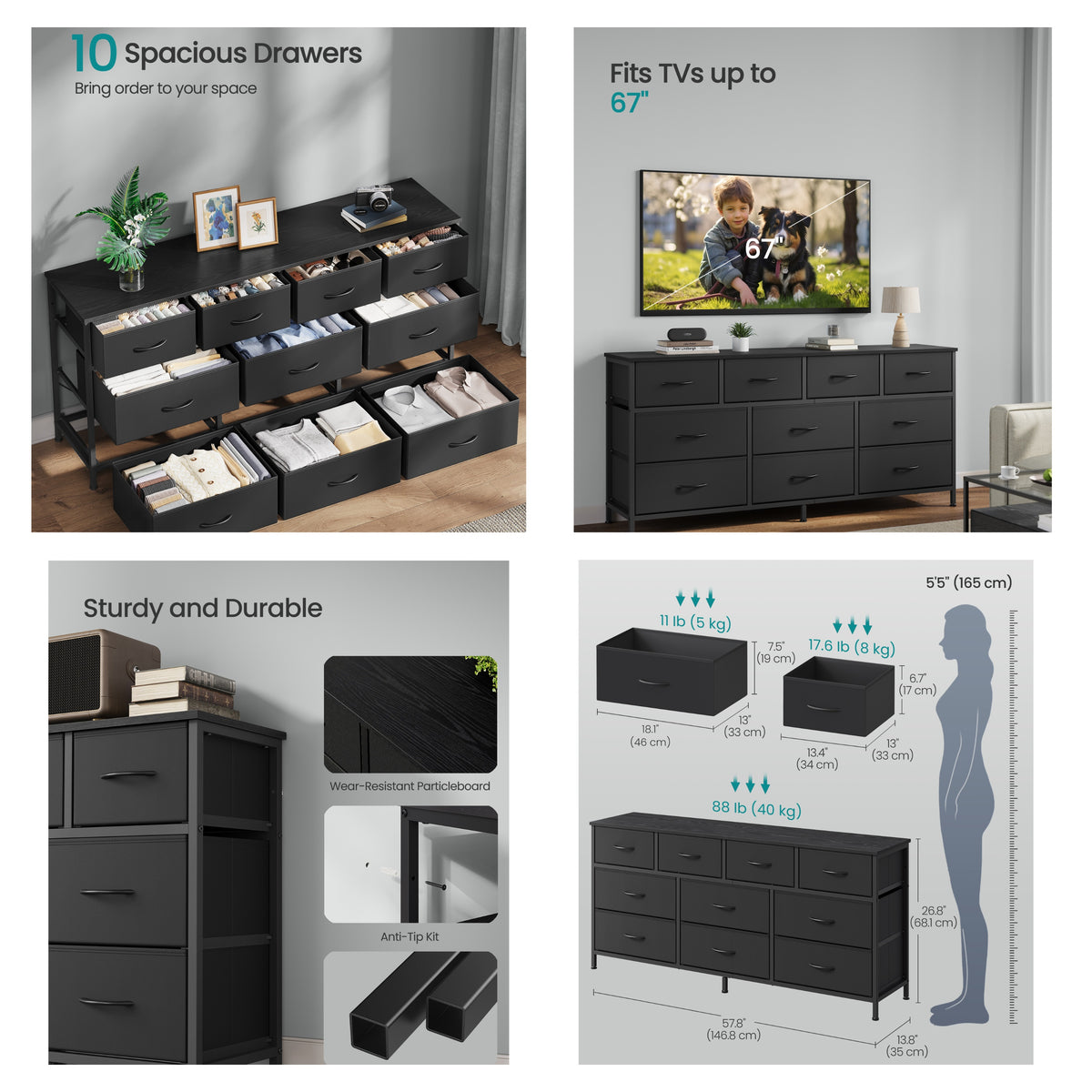 10-Drawer Dresser with Steel Frame, TV Stand for 65" Screens, Storage Chest for Bedroom Living Room, Ink Black