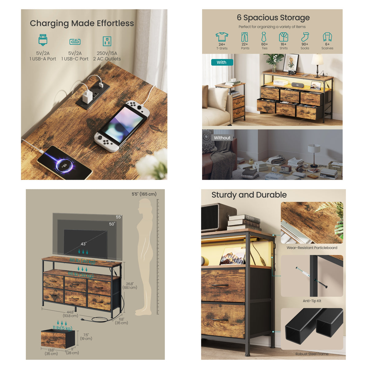 6-Drawer Dresser with LED Lights & Charging, TV Stand for 55" Screens, Storage Chest for Bedroom, Rustic Brown