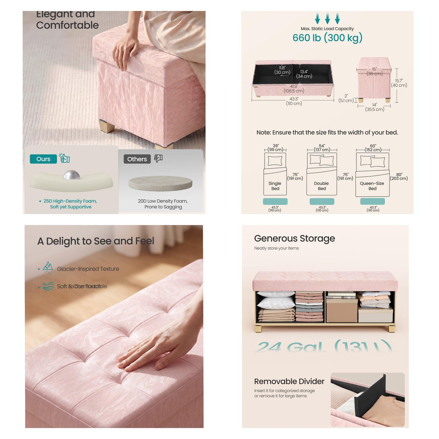 Storage Ottoman Bench, Sturdy Foldable PU Leather Footrest with Padded Seat, 43.3 x 15 x 15.7 Inches, Pink