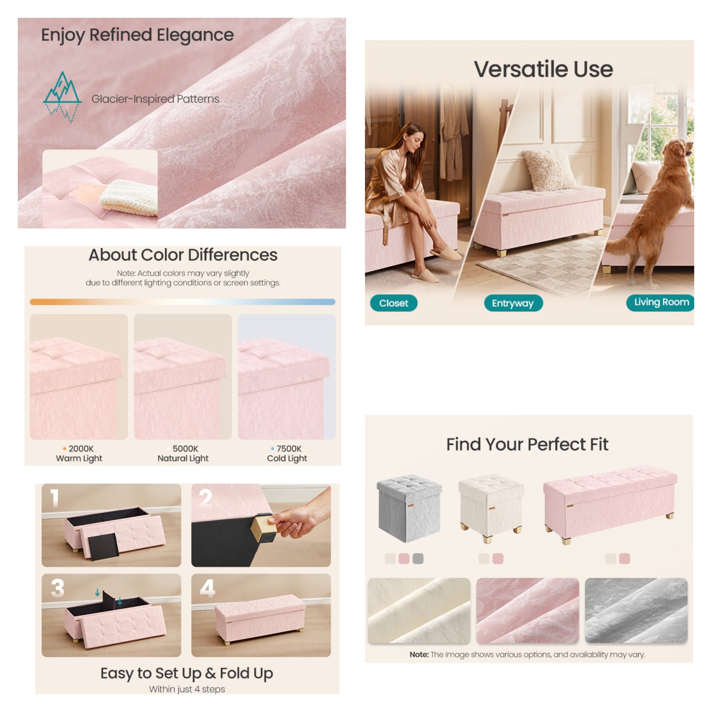 Storage Ottoman Bench, Sturdy Foldable PU Leather Footrest with Padded Seat, 43.3 x 15 x 15.7 Inches, Pink