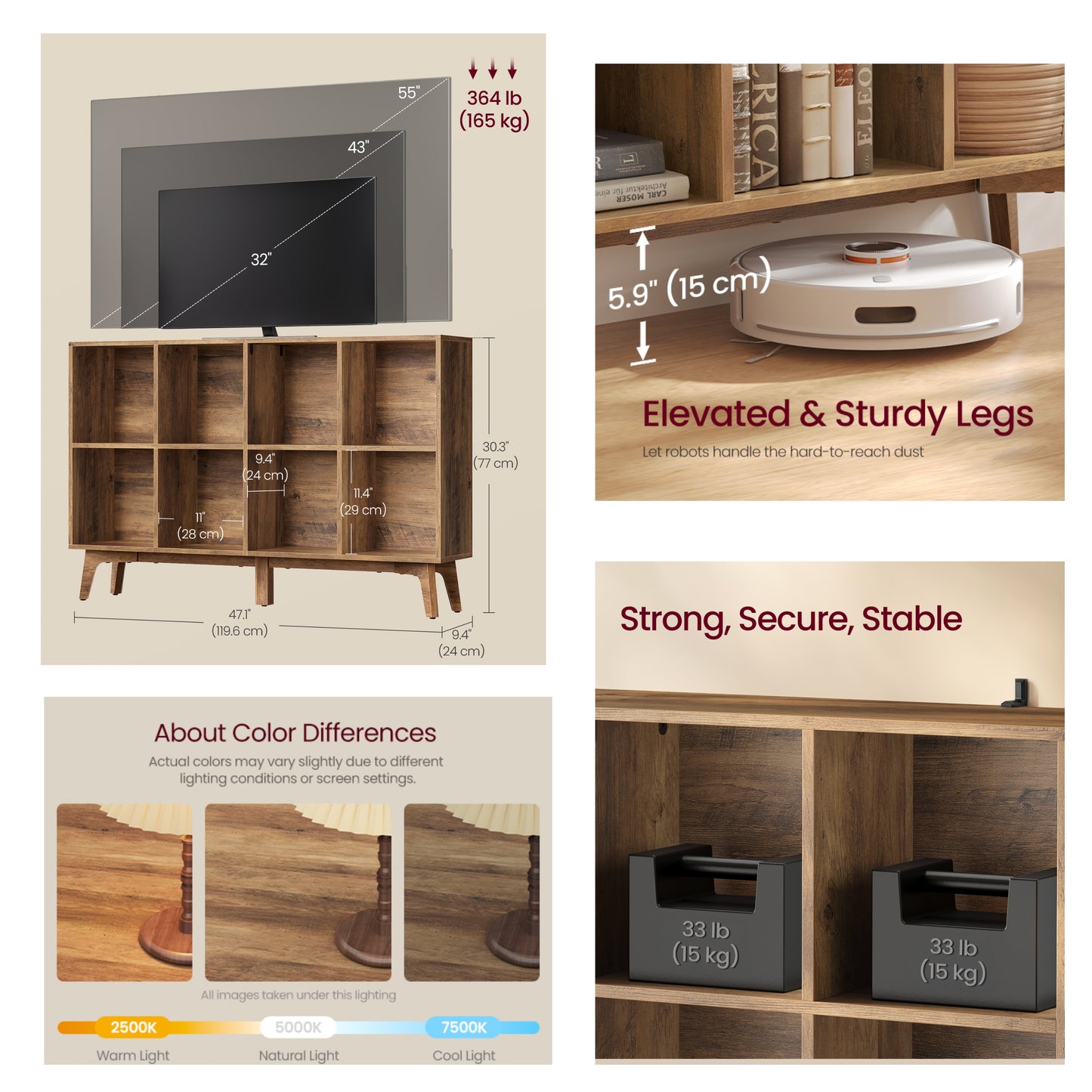 Bookshelf, Bookcase, Freestanding Storage Unit, 8 Open Compartments, Used Horizontally, Vertically, Upside Down, Warm Brown