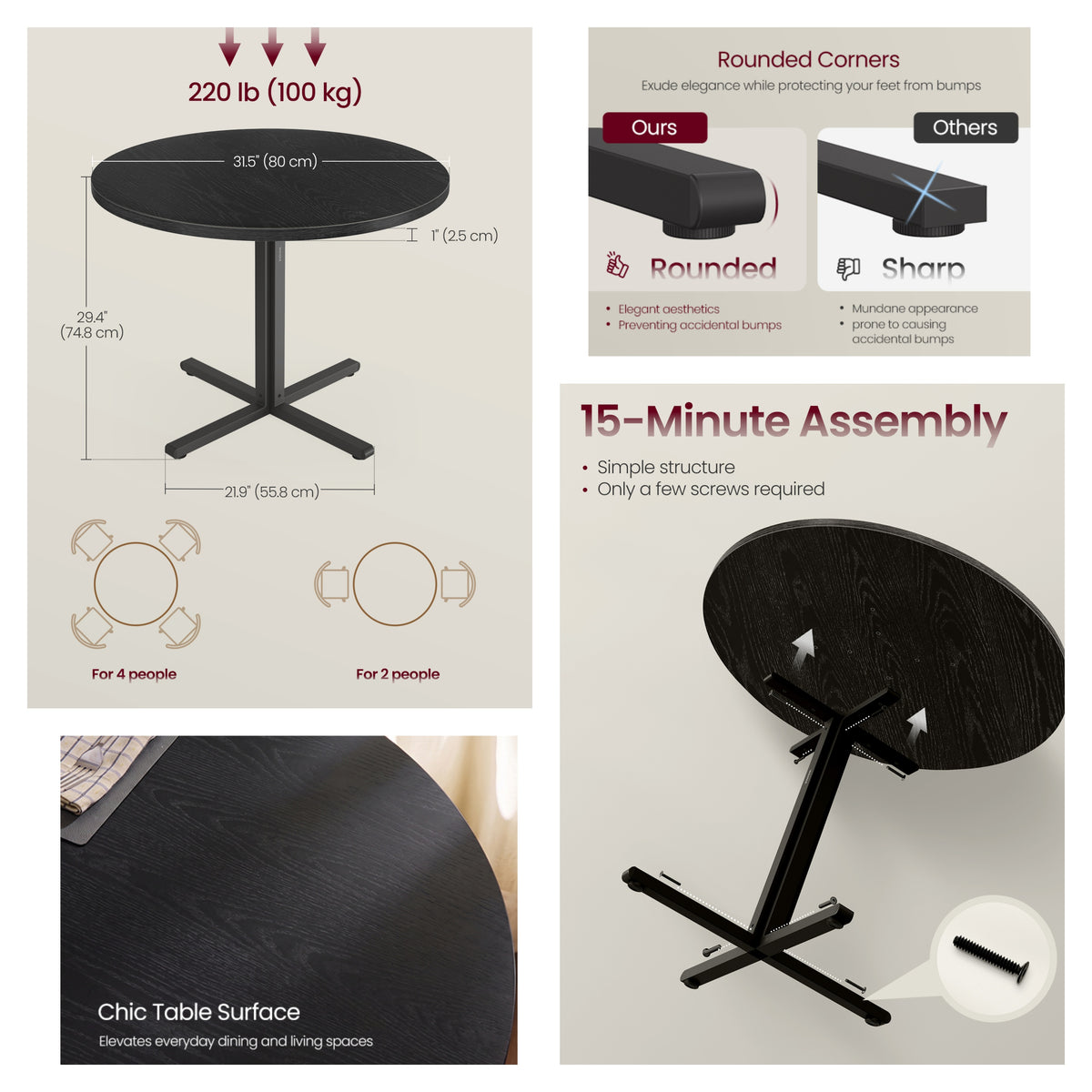 LEDREM Round Dining Table, Modern Basic Kitchen Table for 2-4 People, 31.5 x 31.5 x 29.5 Inches, Black