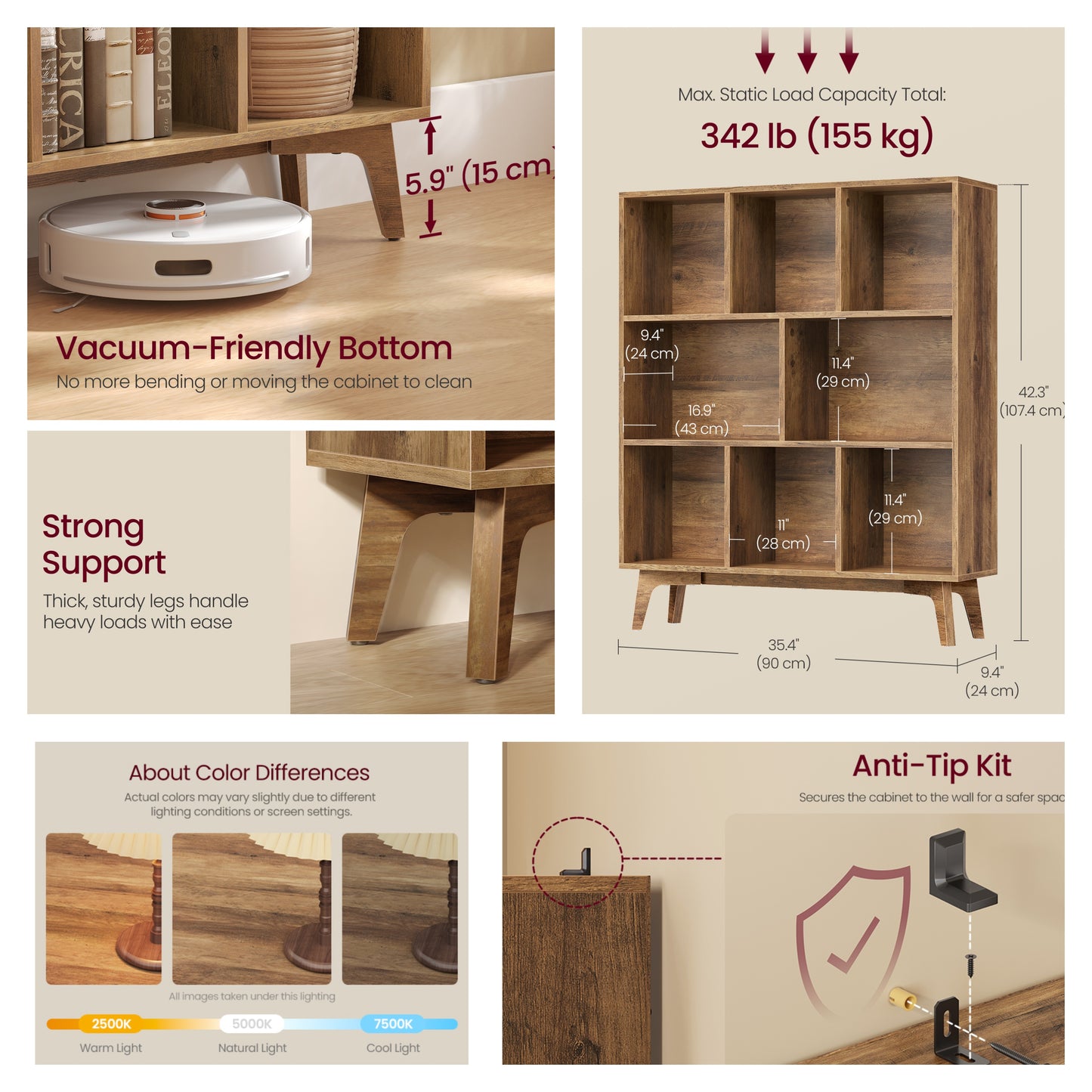 Bookshelf, Bookcase, Freestanding Storage Unit, 8 Open Compartments, Used Horizontally, Vertically, Upside Down, Yellow Brown