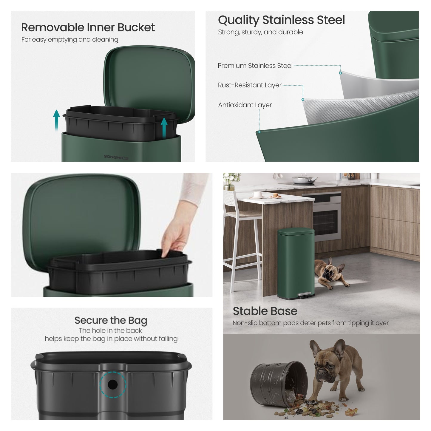 Stainless Steel 8 Gallon Trash Can with Step Pedal, Soft-Close Lid & Inner Bucket for Kitchen/Bathroom,Retro Green