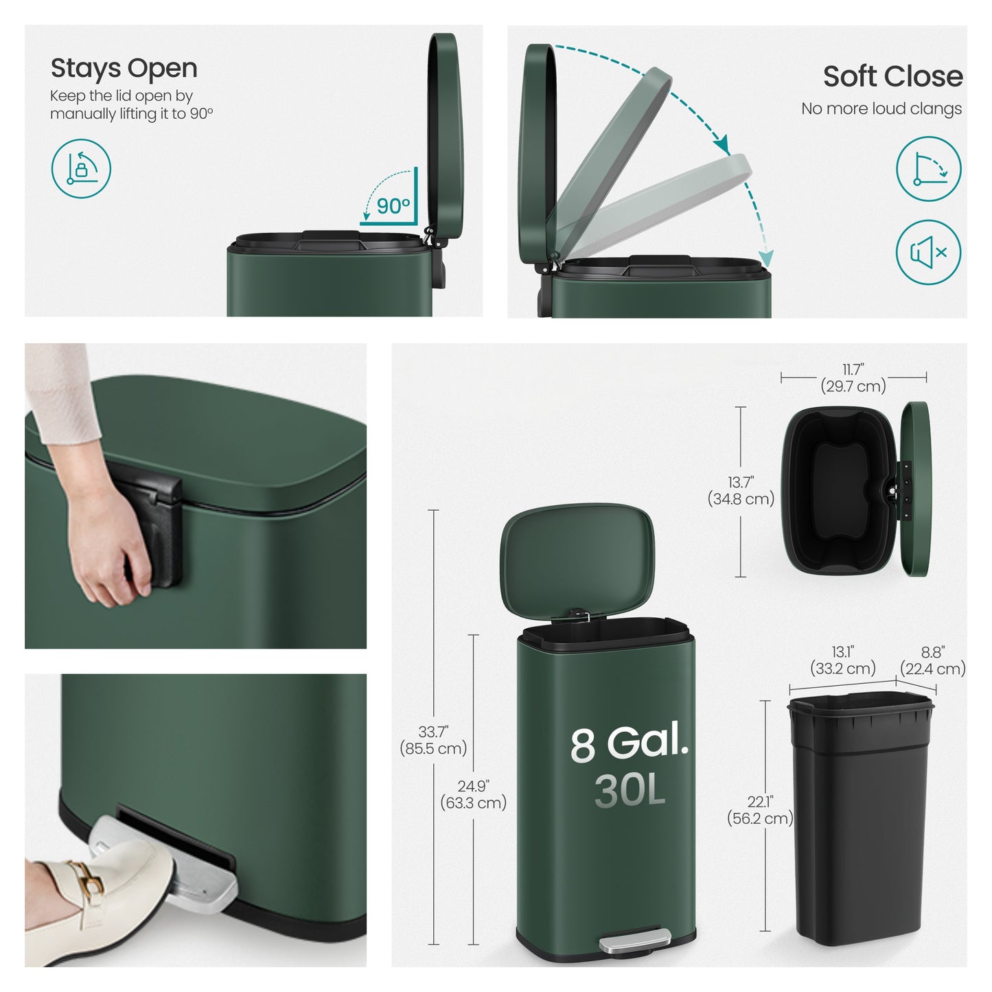 Stainless Steel 8 Gallon Trash Can with Step Pedal, Soft-Close Lid & Inner Bucket for Kitchen/Bathroom,Retro Green