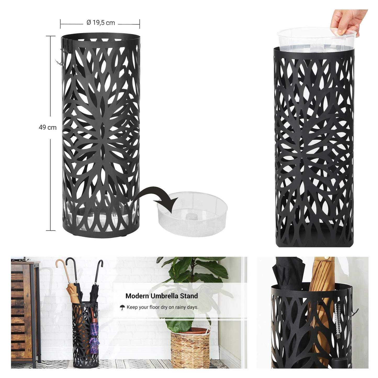 Freestanding Umbrella Stand with Drip Tray, 19.3" Steel Holder for Entryway, Includes 4 Hooks for Canes Walking Sticks,Matte Black
