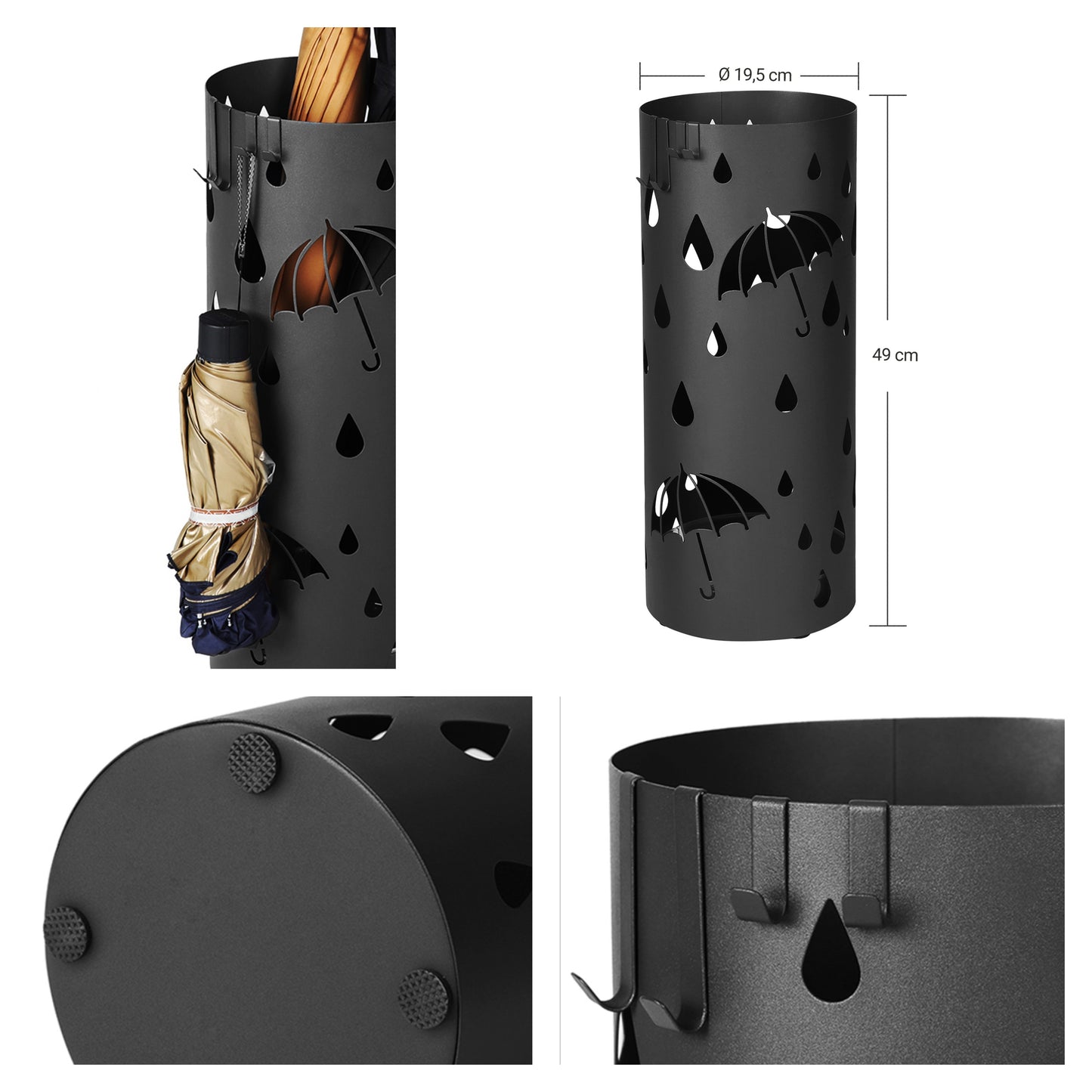 Freestanding Umbrella Stand with Detachable Drip Tray, 4-Hook Metal Holder for Entryway Storage, 19.3 Inch,Ink Black