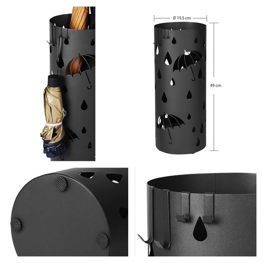 Freestanding Umbrella Stand with Detachable Drip Tray, 4-Hook Metal Holder for Entryway Storage, 19.3 Inch,Ink Black