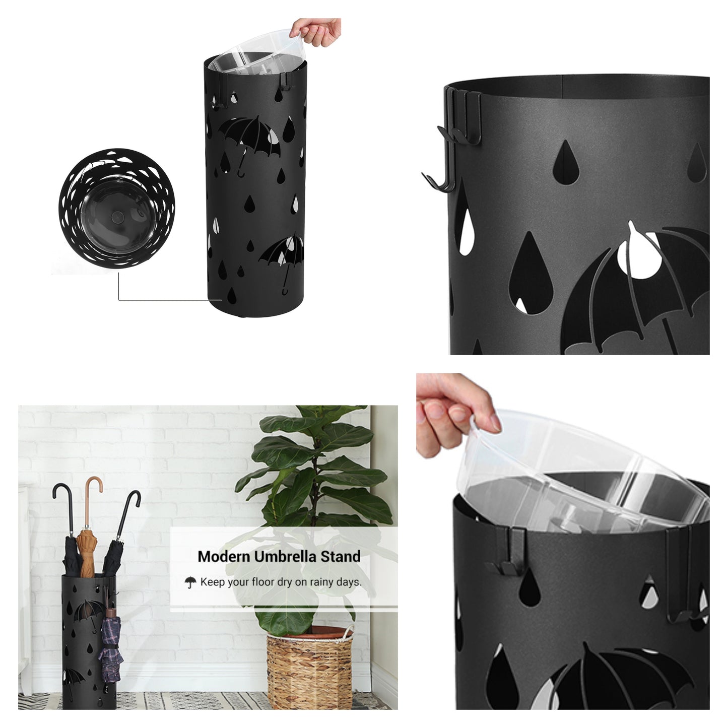 Freestanding Umbrella Stand with Detachable Drip Tray, 4-Hook Metal Holder for Entryway Storage, 19.3 Inch,Ink Black