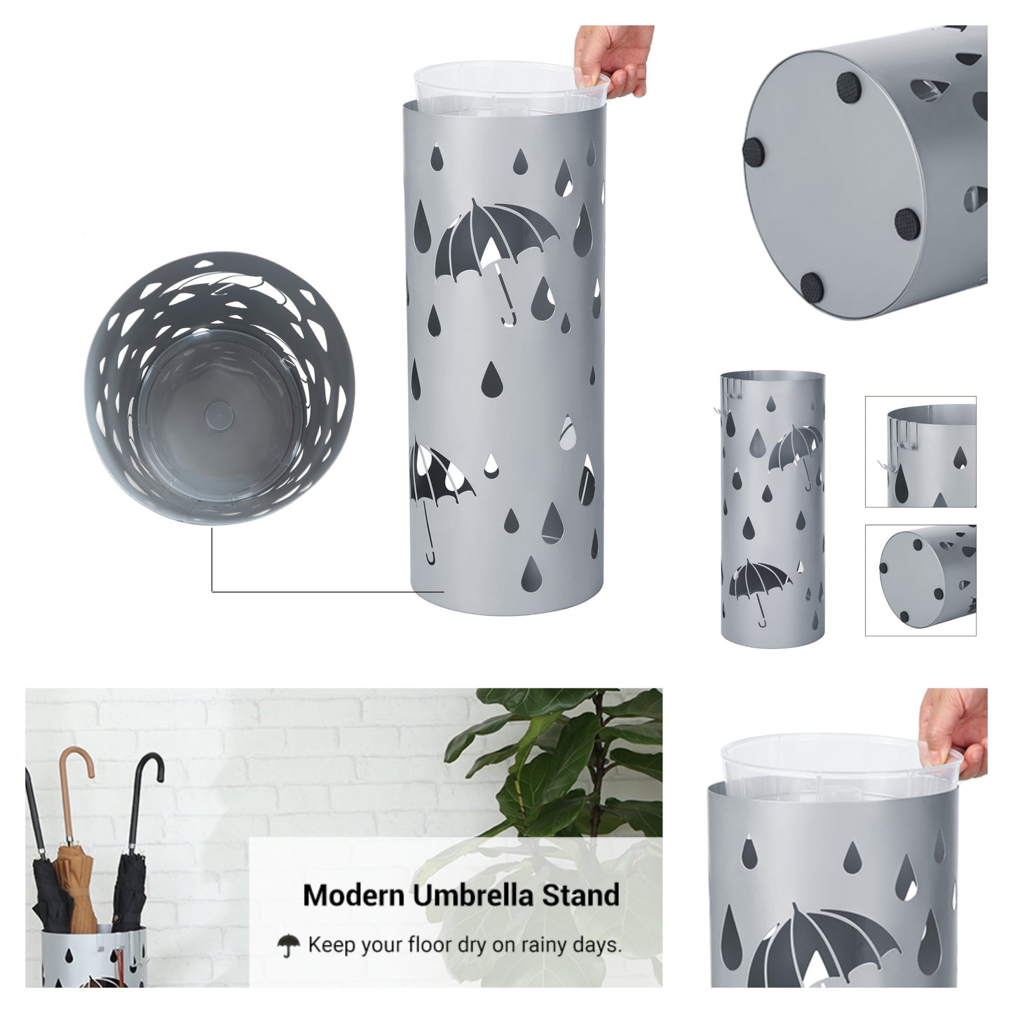 Freestanding Umbrella Stand with Detachable Drip Tray, 4-Hook Metal Holder for Entryway Storage, 19.3 Inch,Silver Grey