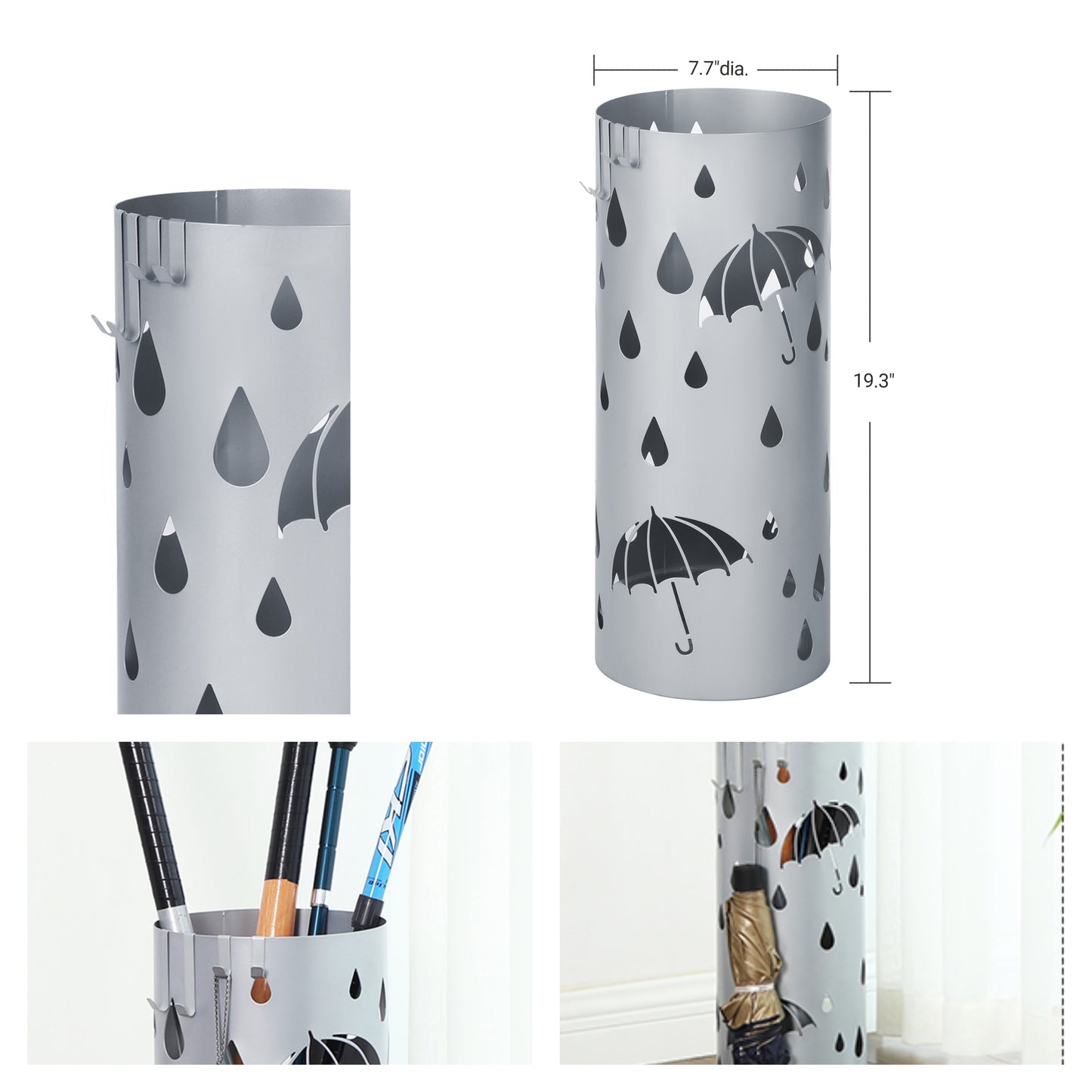 Freestanding Umbrella Stand with Detachable Drip Tray, 4-Hook Metal Holder for Entryway Storage, 19.3 Inch,Silver Grey