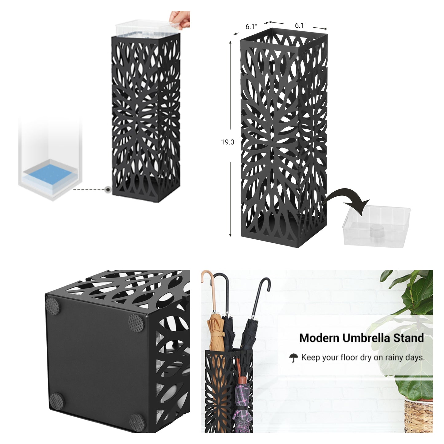Square Umbrella Stand Organizer with Drip Tray, 4-Hook Steel Holder for Entryway Storage, Freestanding Design, Black