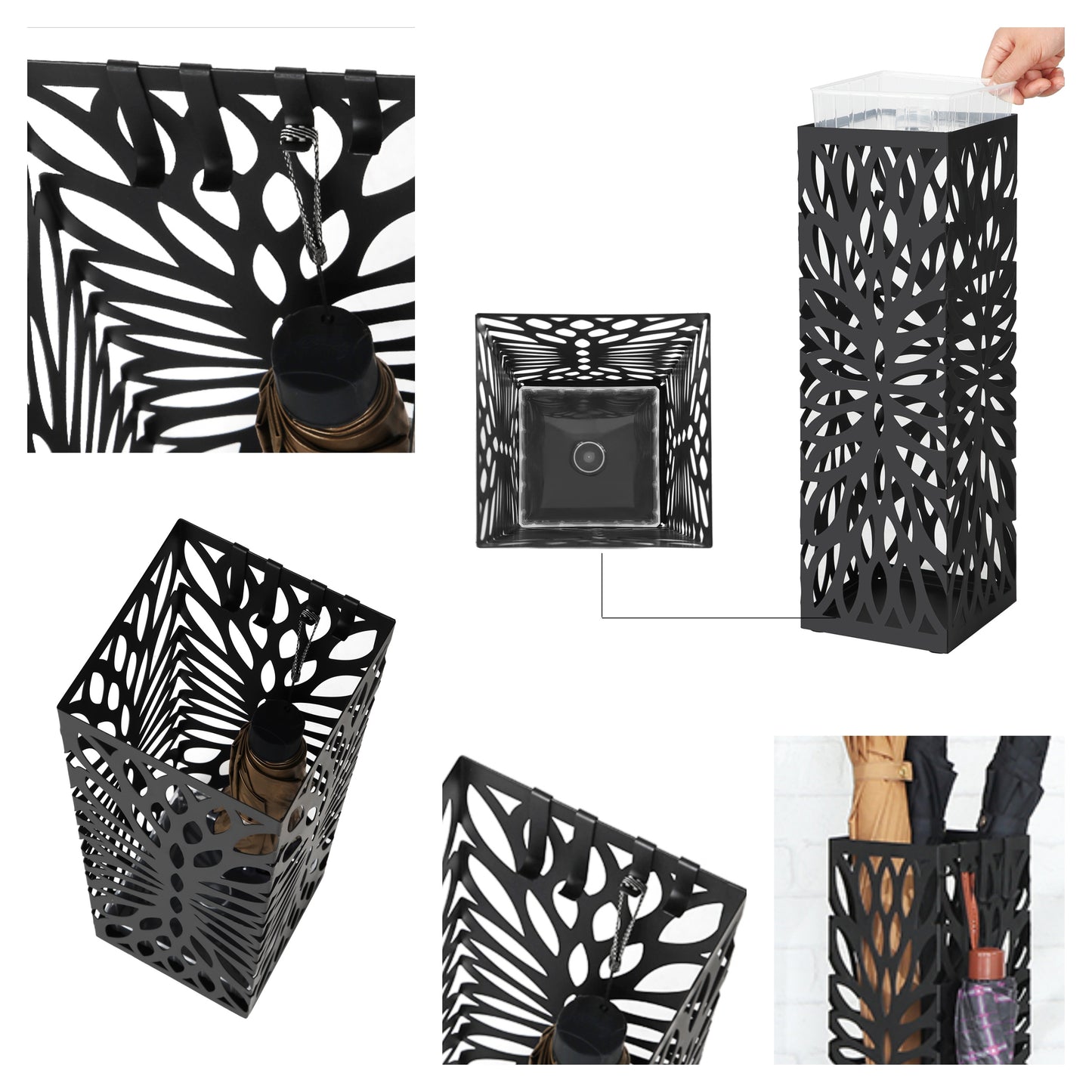Square Umbrella Stand Organizer with Drip Tray, 4-Hook Steel Holder for Entryway Storage, Freestanding Design, Black