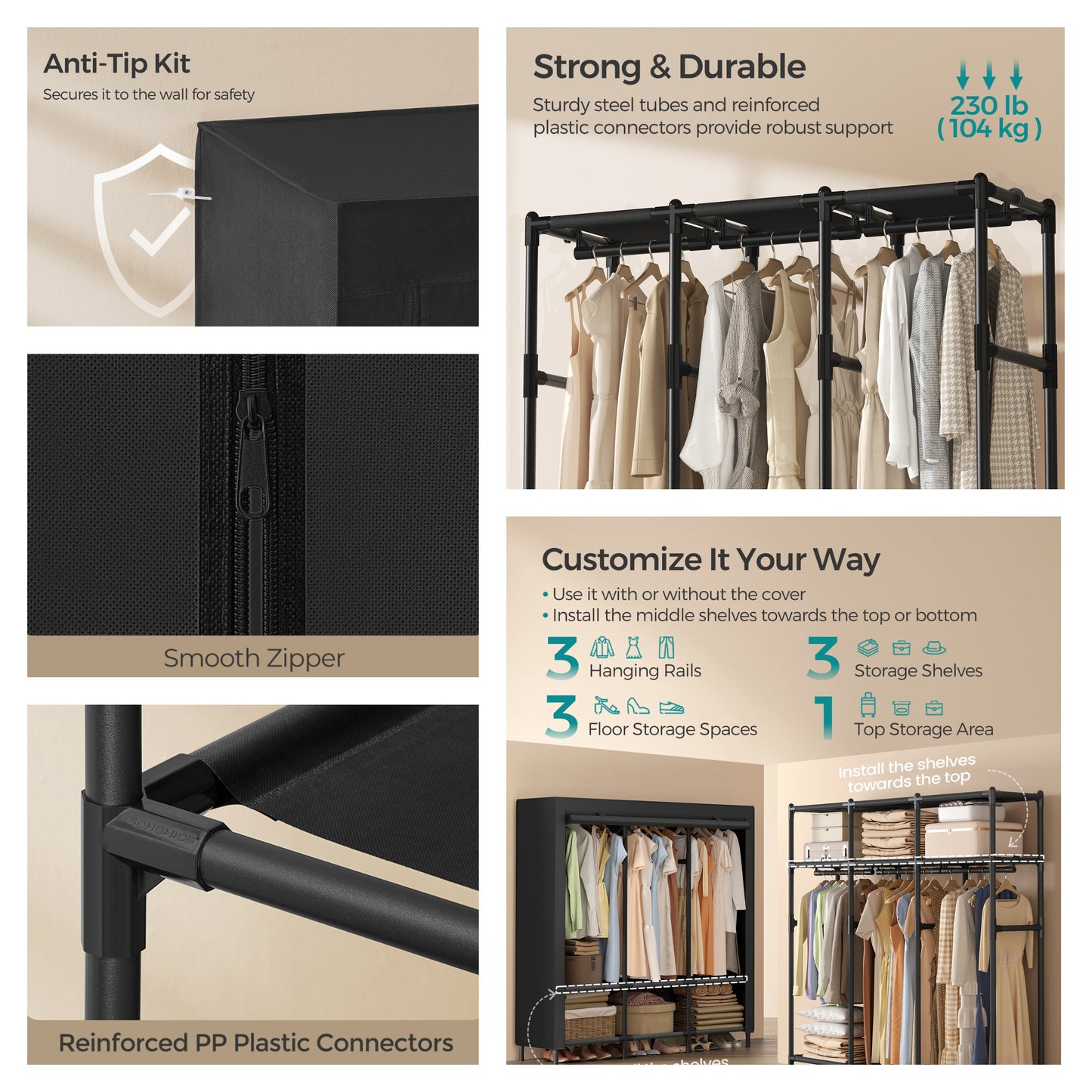 Heavy Duty Wardrobe Closet, 51.2 Inch Portable Clothing Rack with 3 Rails & 6 Shelves, Freestanding Organizer with Fabric Cover,Ink ray