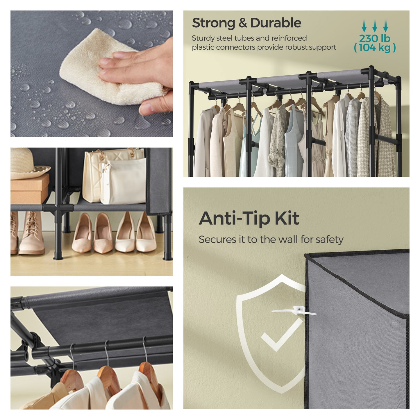 Heavy Duty Wardrobe Closet, 51.2 Inch Portable Clothing Rack with 3 Rails & 6 Shelves, Freestanding Organizer with Fabric Cover,Dove Gray