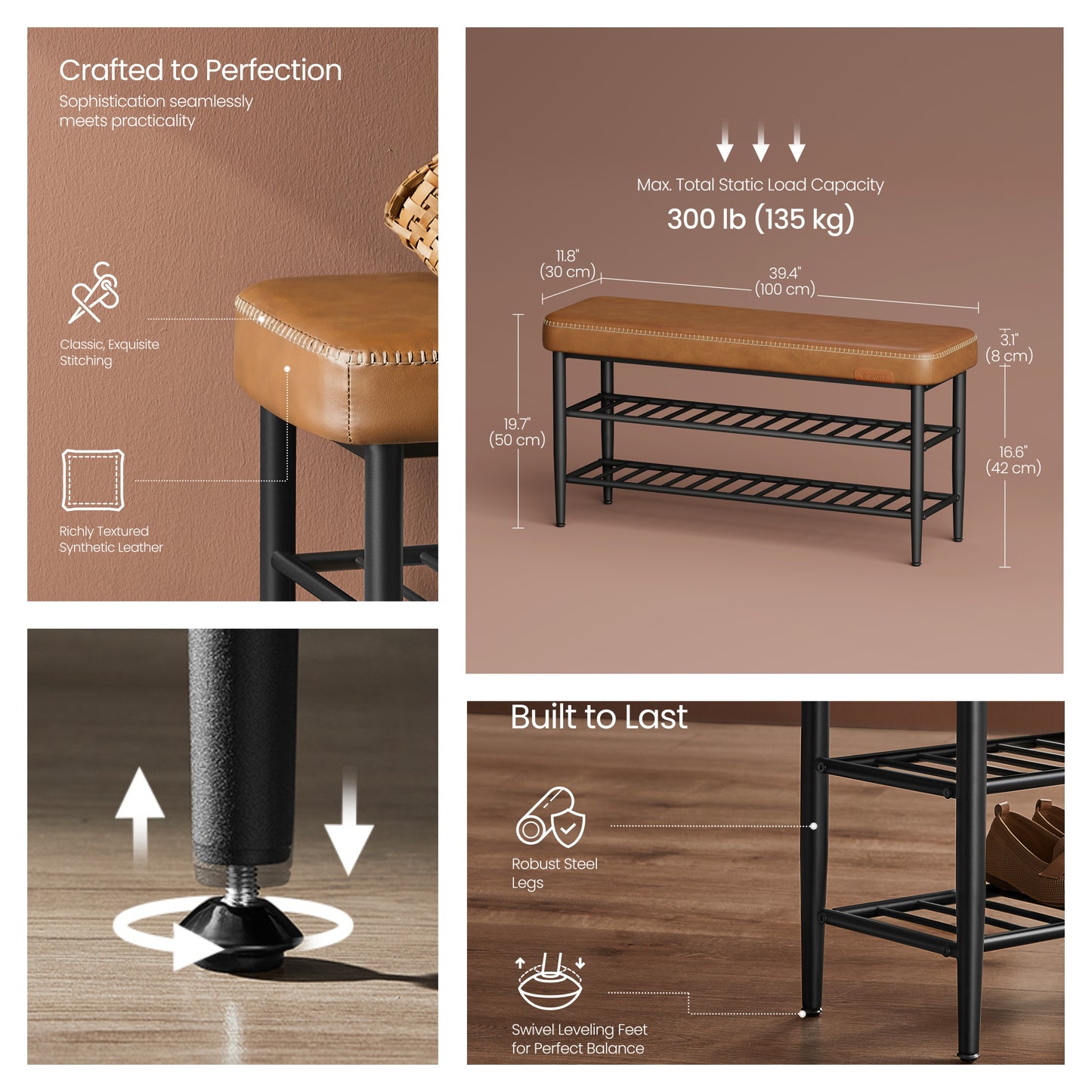 Shoe Rack Bench, Mid-Century Modern Storage Bench with 3-Tier Shelf, 300-lb Capacity Entryway Organizer,Caramel Brown