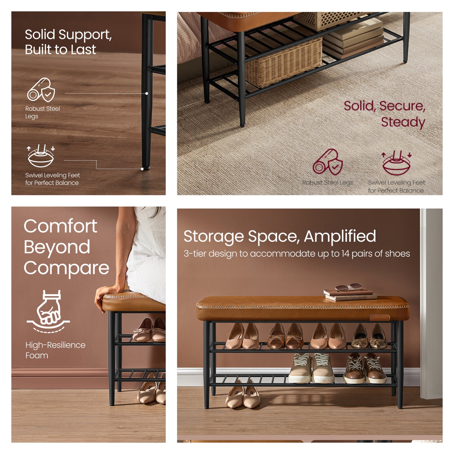 Shoe Rack Bench, Mid-Century Modern Storage Bench with 3-Tier Shelf, 300-lb Capacity Entryway Organizer,Caramel Brown