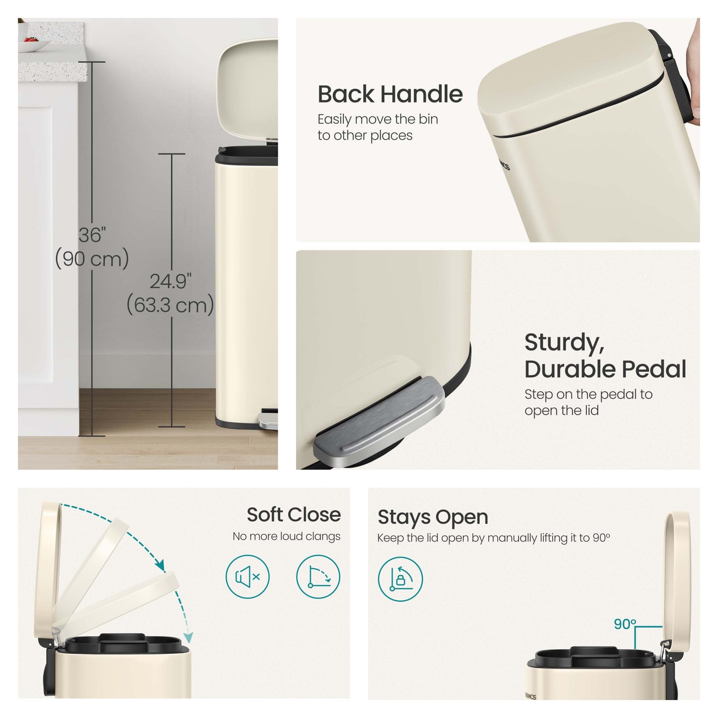 Stainless Steel 8 Gallon Trash Can with Step Pedal, Soft-Close Lid & Inner Bucket for Kitchen/Bathroom,Sand Beige