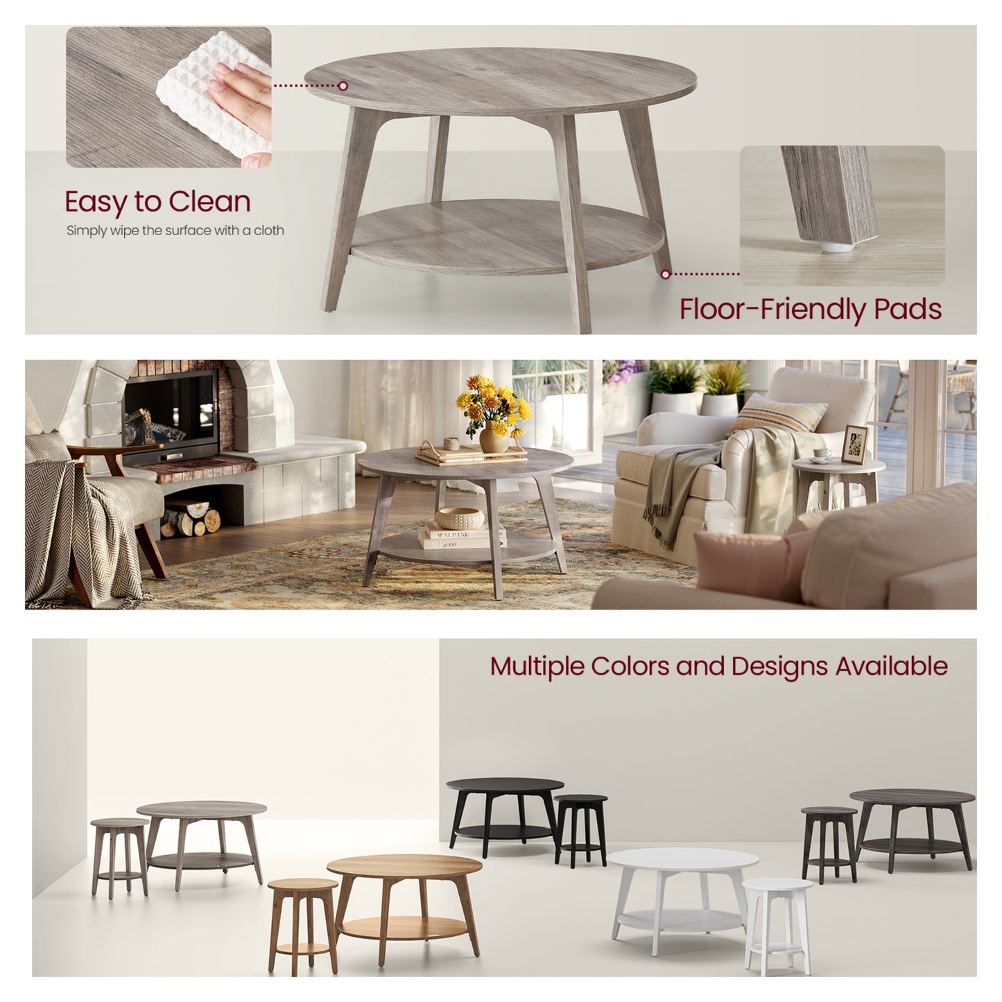 Round Coffee Table with Storage - 2-Tier Design, 66lb Capacity, Quick Assembly, Modern Minimalist Style, Heather Greige