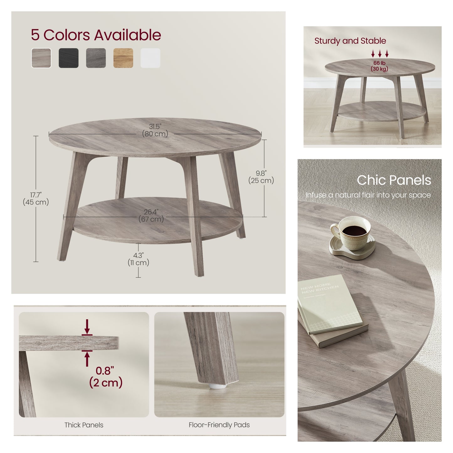 Round Coffee Table with Storage - 2-Tier Design, 66lb Capacity, Quick Assembly, Modern Minimalist Style, Heather Greige